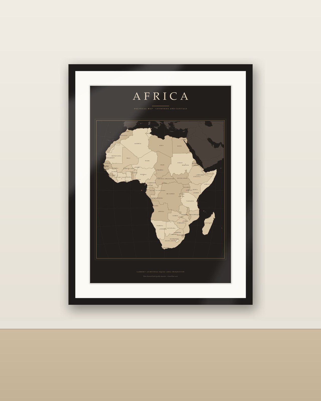 Afrika Karte Dark Academia Poster, Länder und Hauptstädte beschriftet, Vintage-Optik