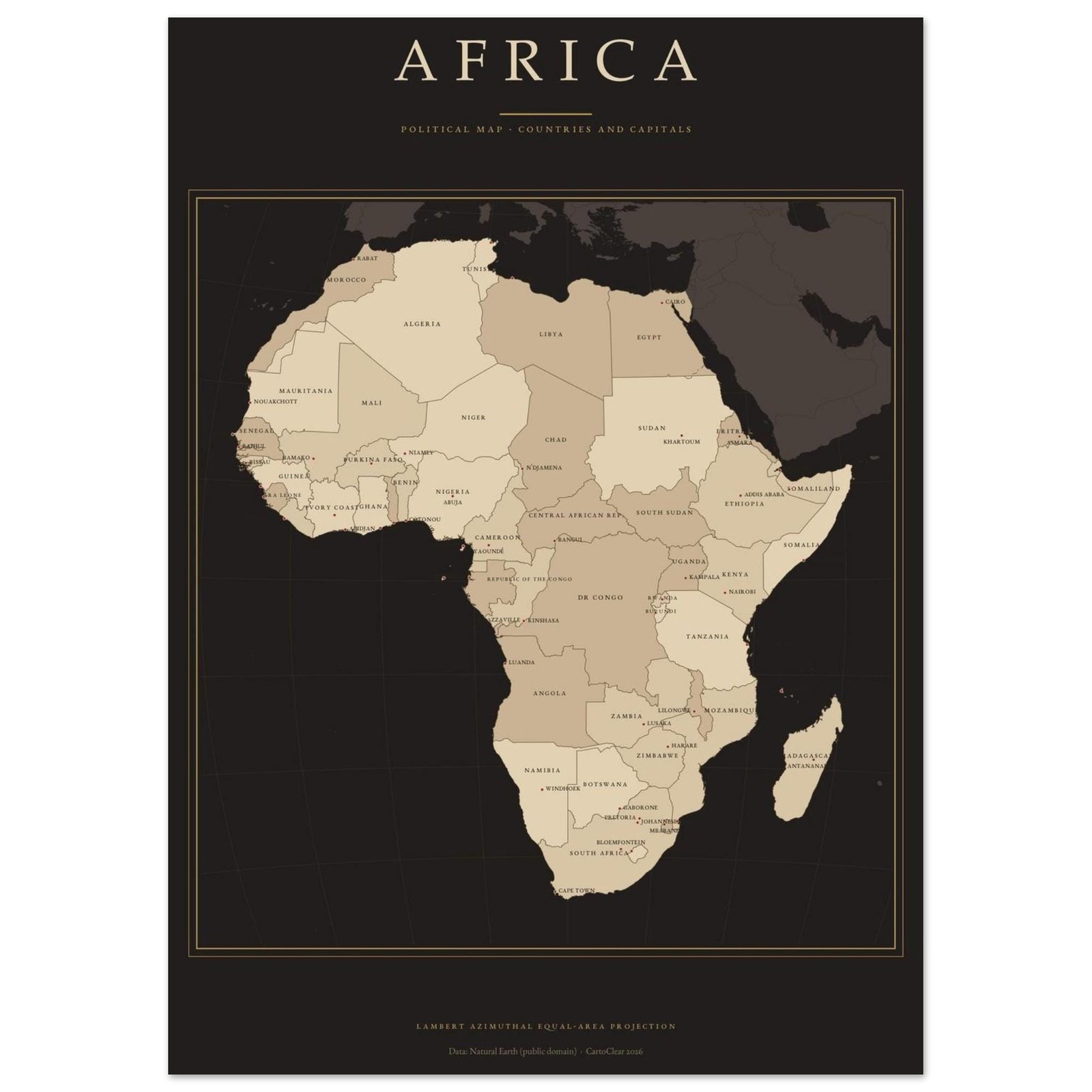 Afrika Karte Dark Academia Poster gedruckt, Länder und Hauptstädte beschriftet