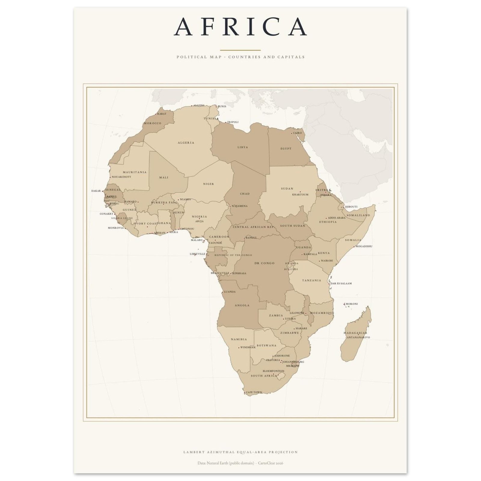 Afrika Karte hell Poster gedruckt, Länder und Hauptstädte beschriftet, politische Karte