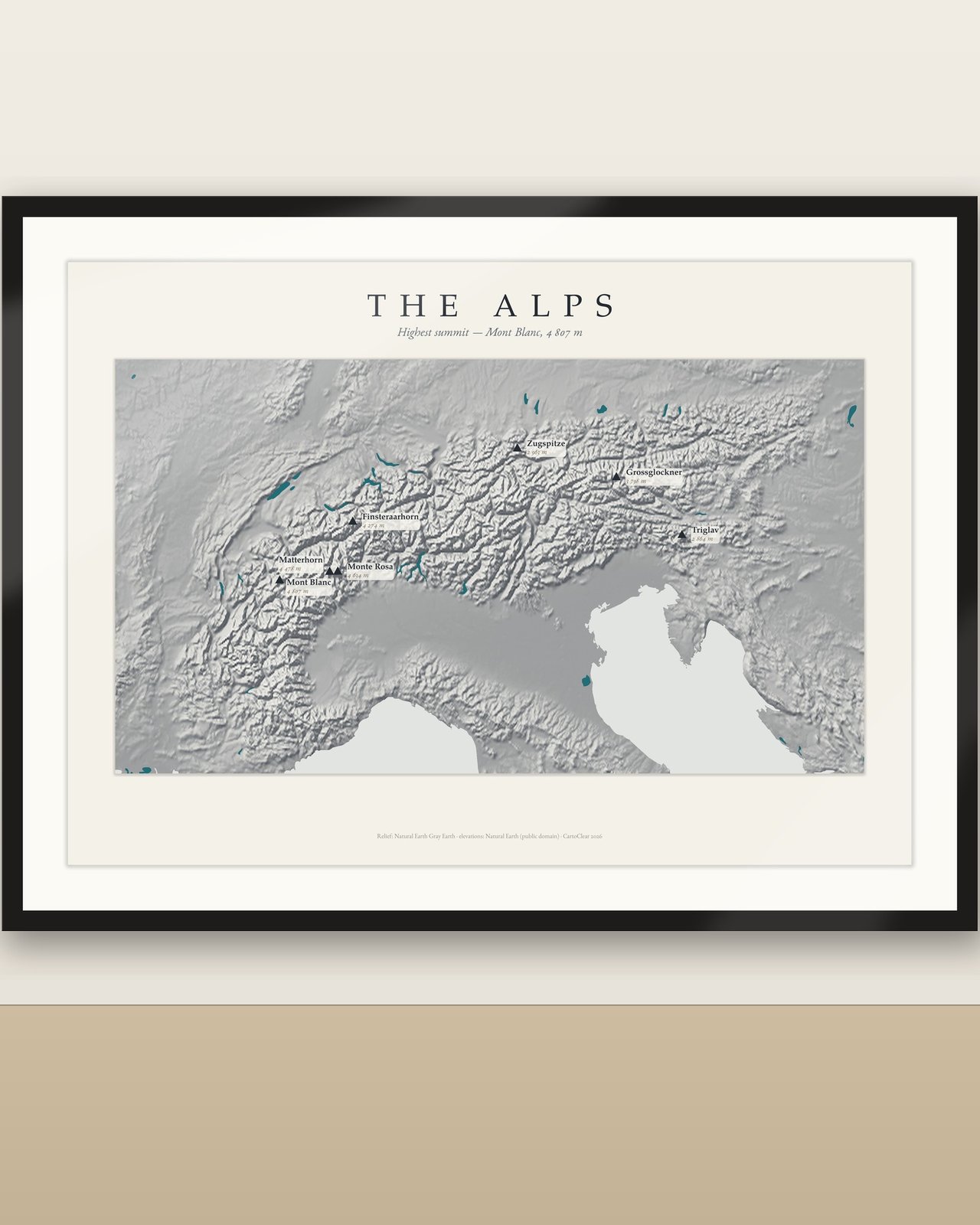 Alpen Reliefkarte Poster, Gebirgs-Wandbild mit benannten Gipfeln, Mont Blanc bis Triglav
