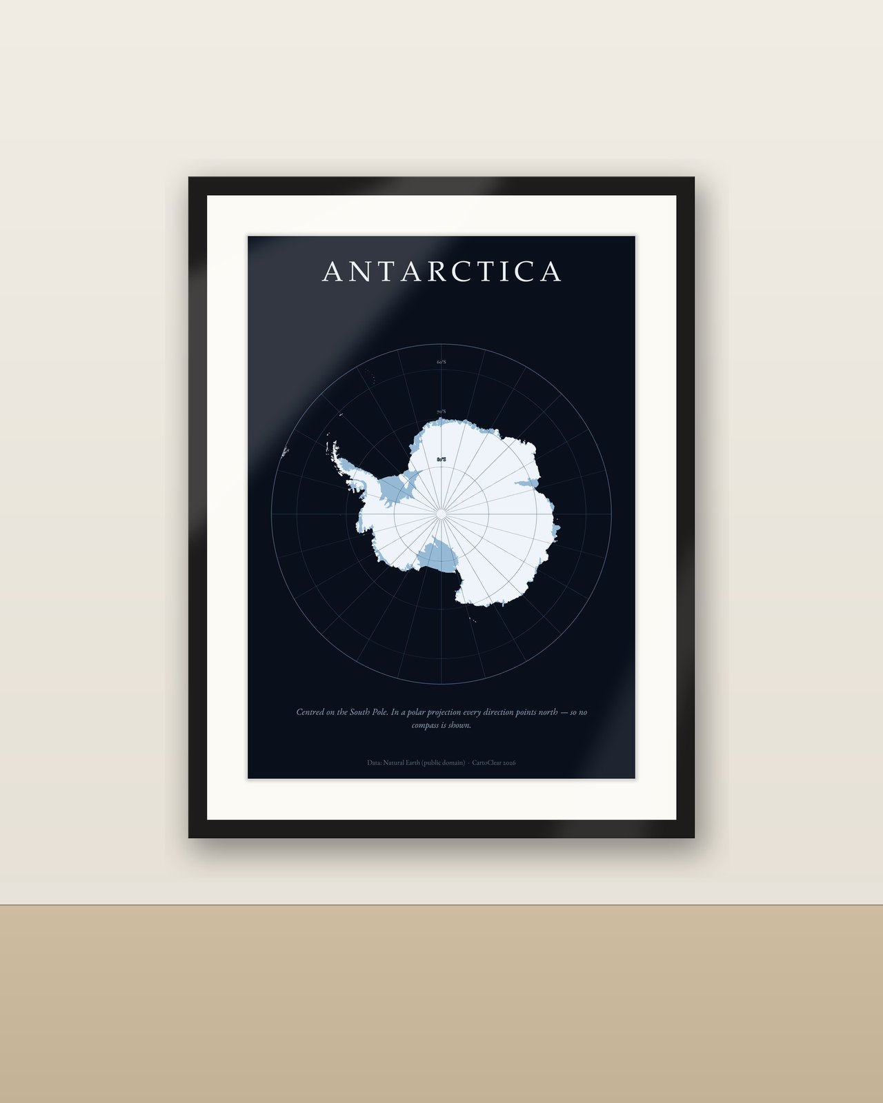Antarktis Karte Poster, Südpol runde Polarkarte, dunkelblaues Eis-Wandbild, 5 Sprachen