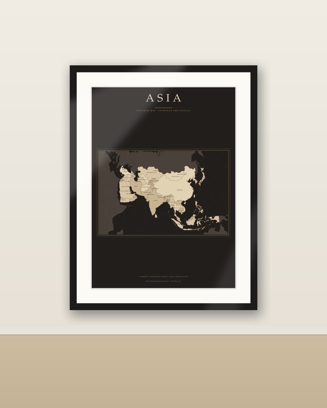 Asien Karte Dark Academia Poster, Länder und Hauptstädte beschriftet, Vintage-Optik