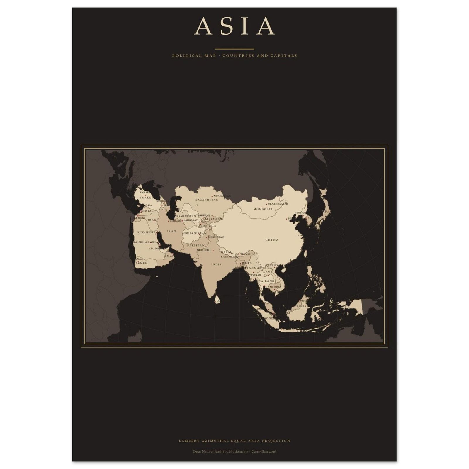 Asien Karte Dark Academia Poster gedruckt, Länder und Hauptstädte beschriftet