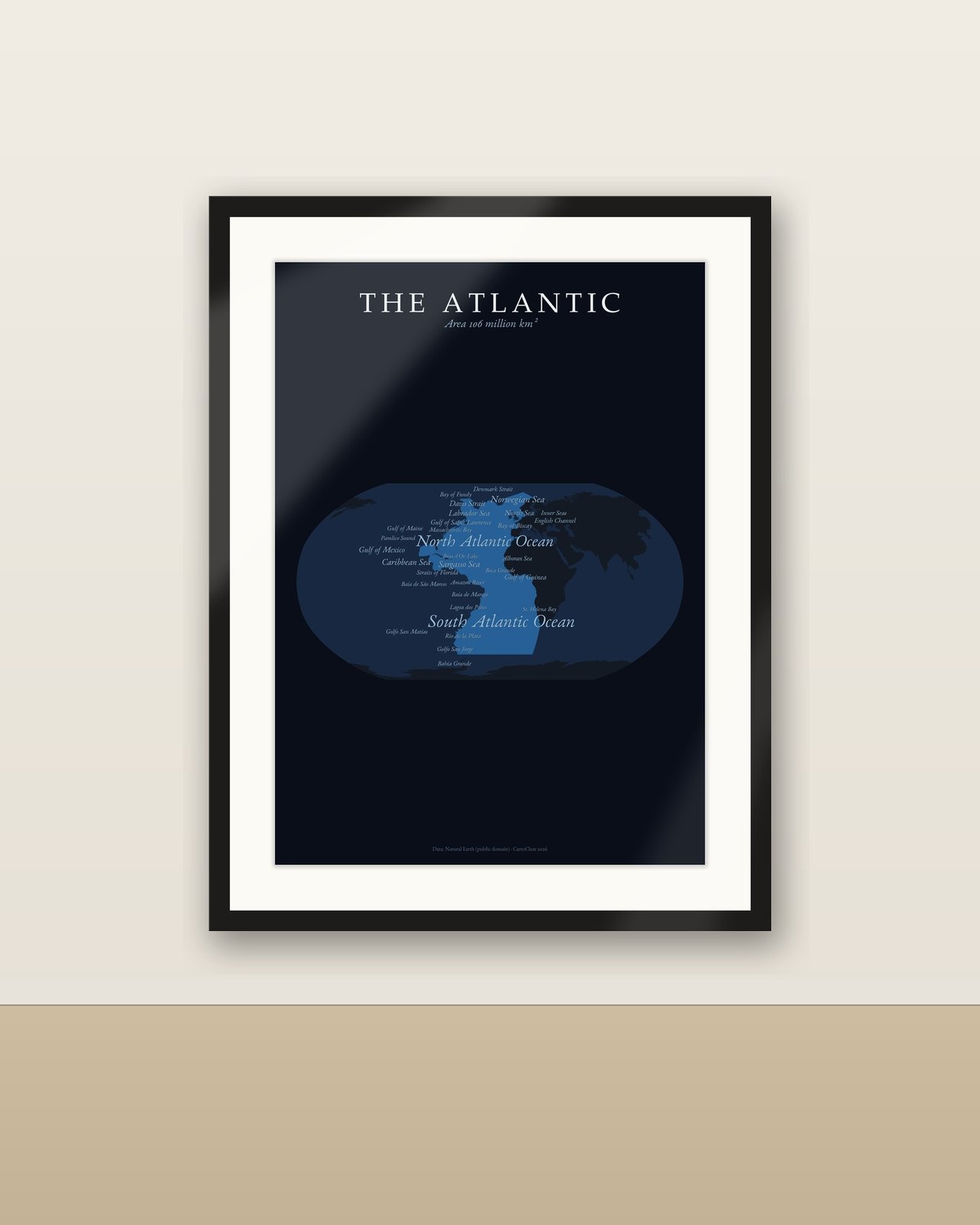 Atlantik Karte Poster, Ozean-Portrait mit benannten Meeren