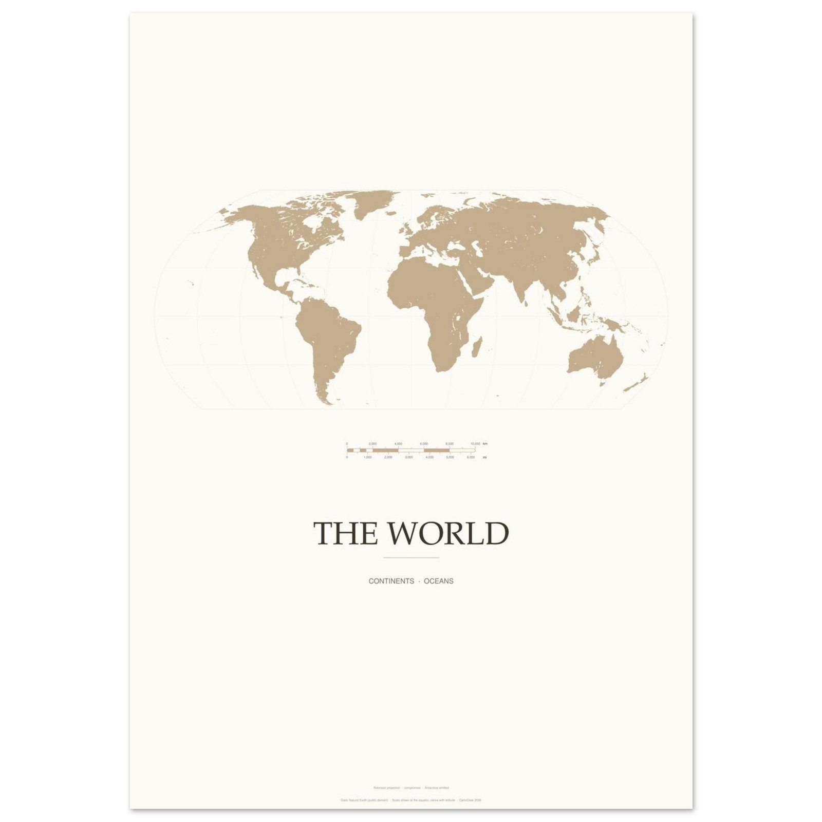 Beige Weltkarte Poster, minimalistischer Kartendruck, Robinson-Projektion