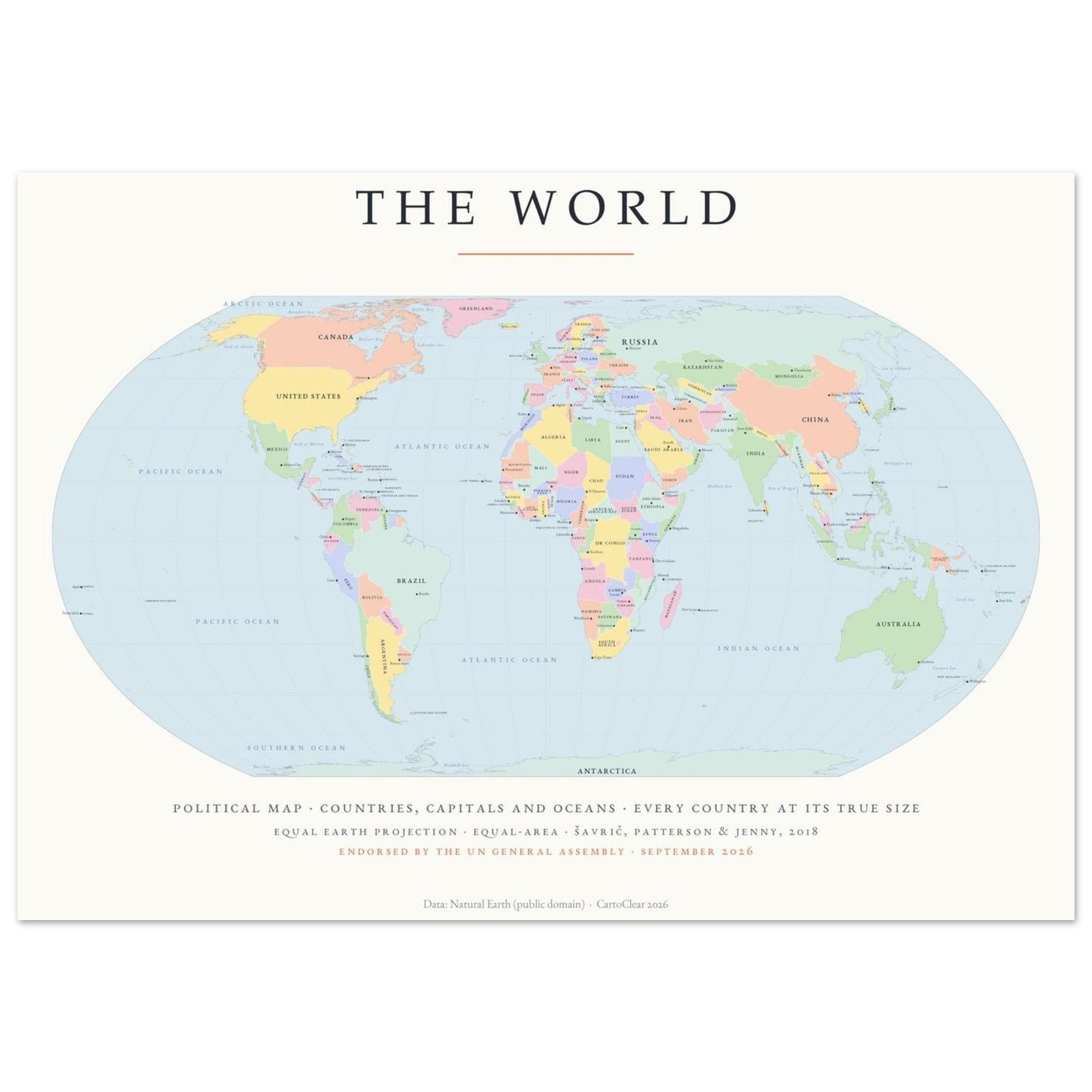 Bunte Weltkarte Kinder Poster gedruckt, Länder und Hauptstädte, Equal Earth