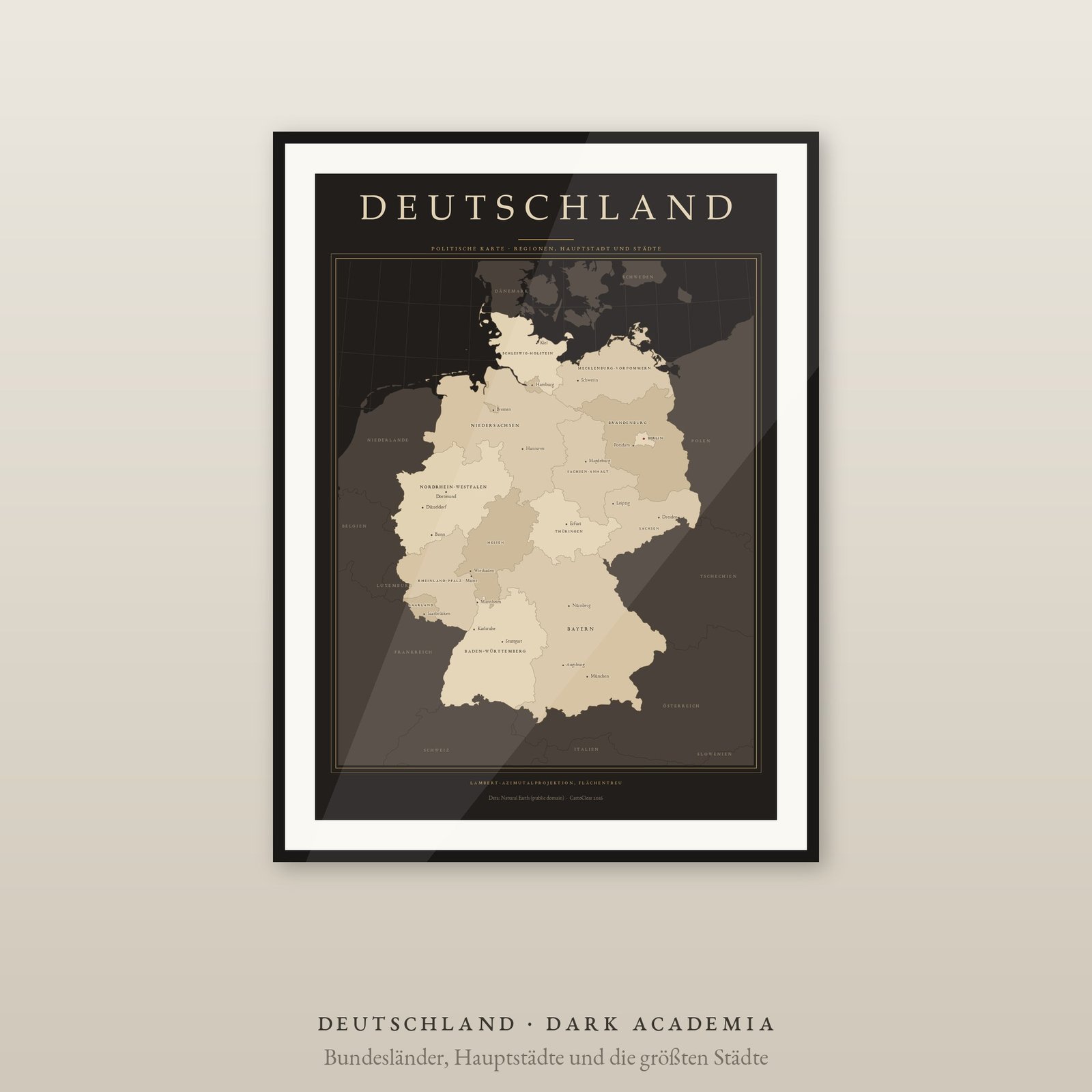 Deutschland Karte Poster, 16 Bundesländer und Städte beschriftet, 2 Ausgaben, flächentreu