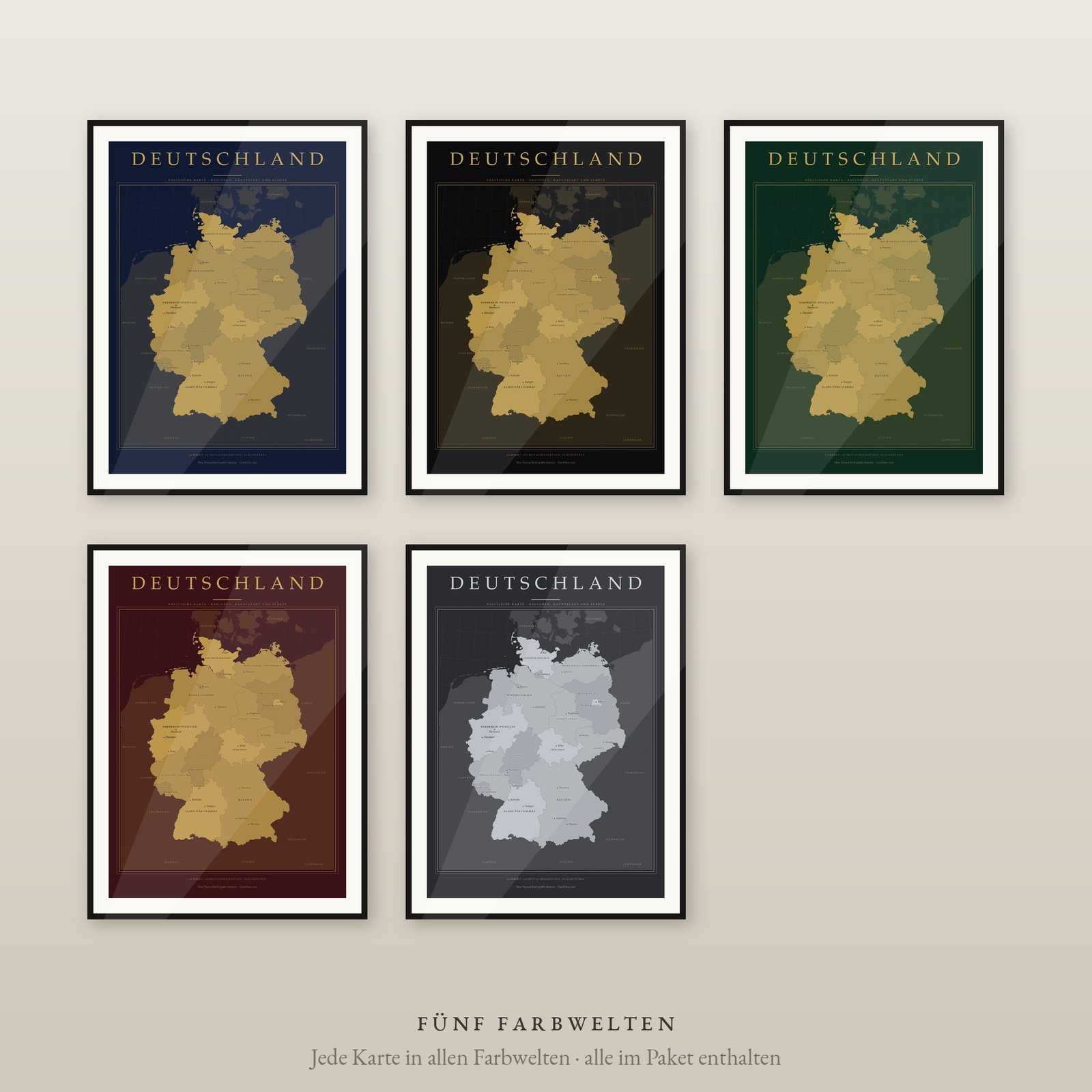 Deutschland Karte Poster Luxus-Set, 5 Farbwelten mit Gold, 16 Bundesländer und Städte
