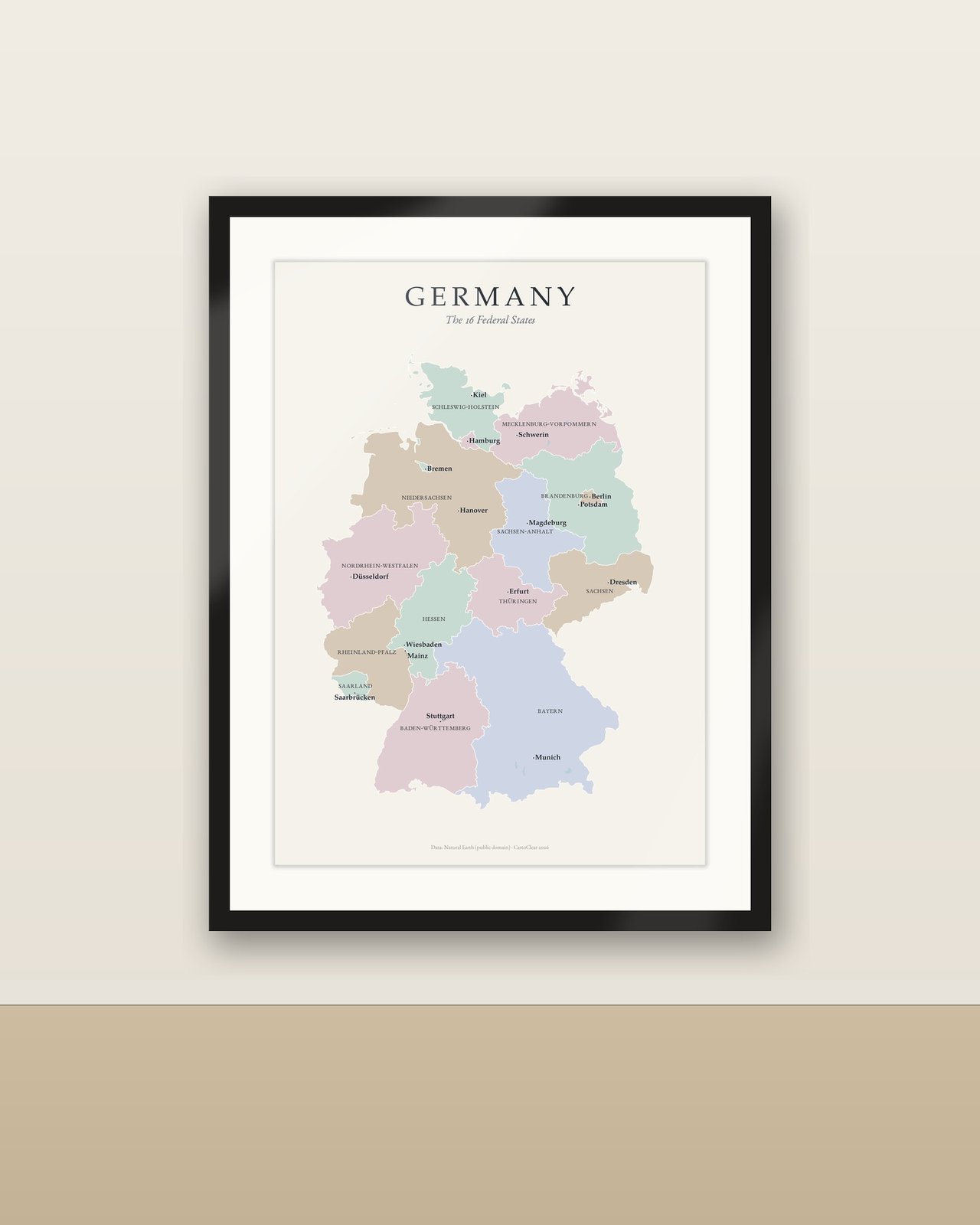 Deutschlandkarte Poster, 16 Bundesländer mit Hauptstädten, Pastell Bundesländerkarte