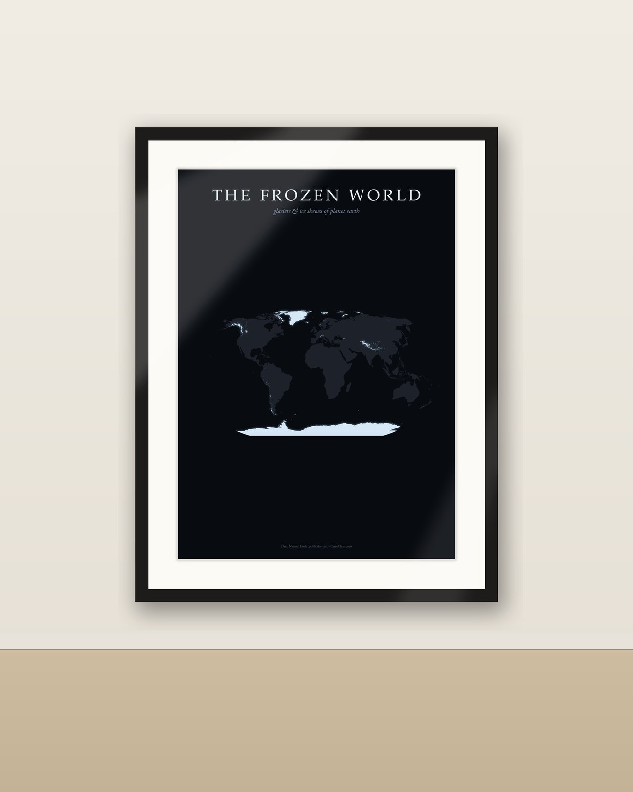 Die gefrorene Welt Karte Poster, Gletscher und Schelfeis leuchtend auf Schwarz