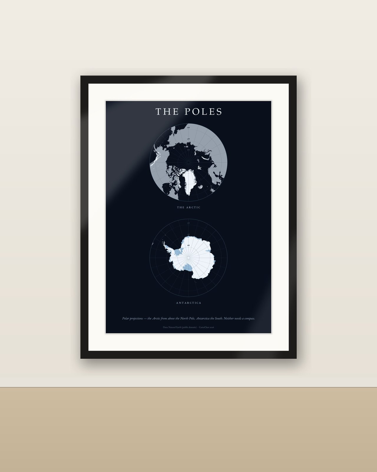 Die Pole Karte Poster, Arktis über Antarktis, Polarposter hoch, dunkelblaues Eis-Wandbild