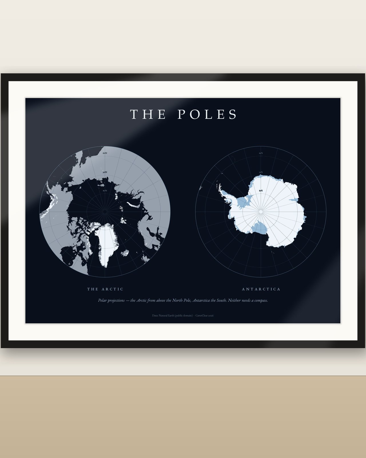 Die Pole Karte Poster, Arktis und Antarktis nebeneinander, Polarposter quer