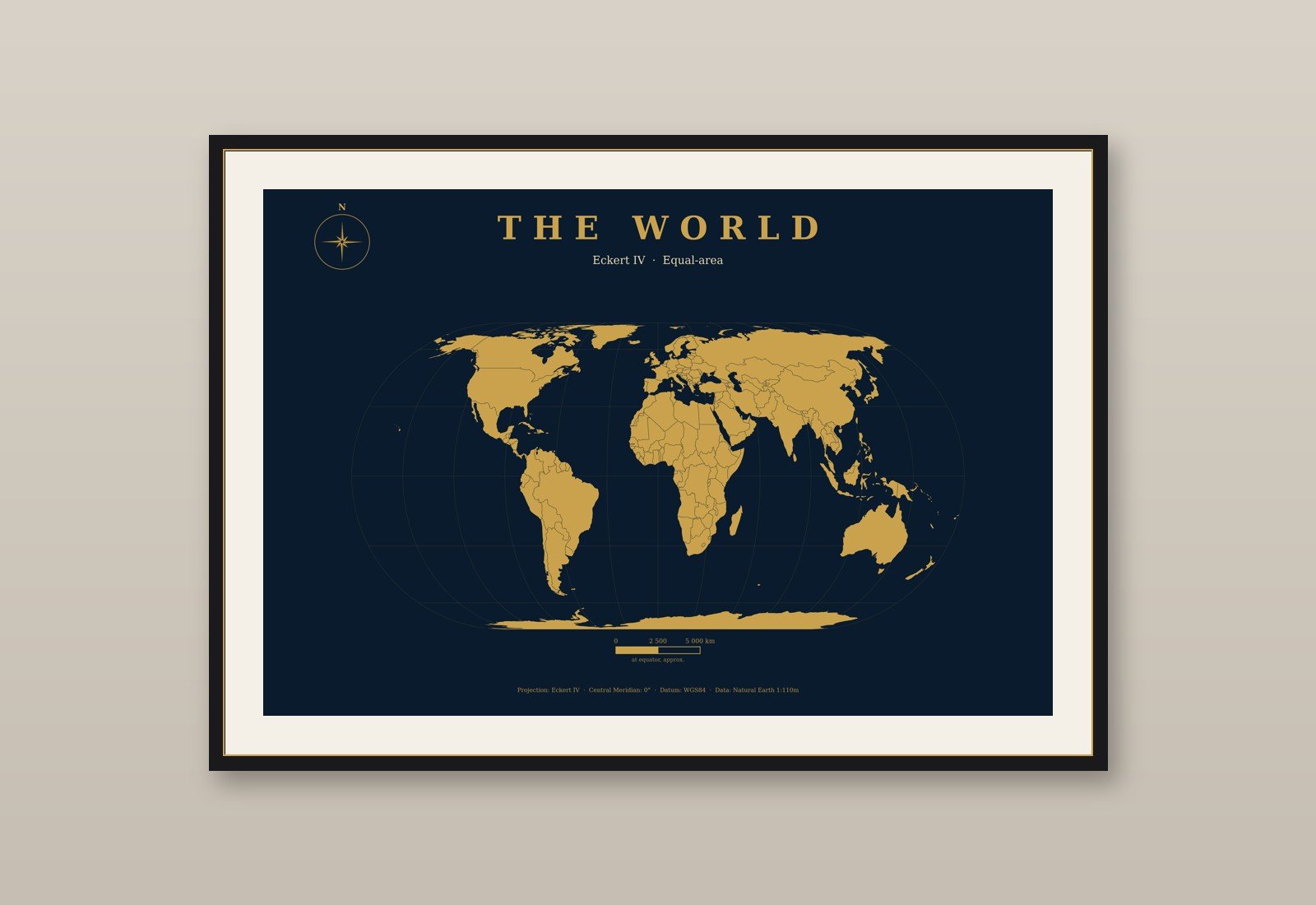 Eckert IV flächentreue Weltkarte Poster, Navy & Gold Kartografie-Wandbild