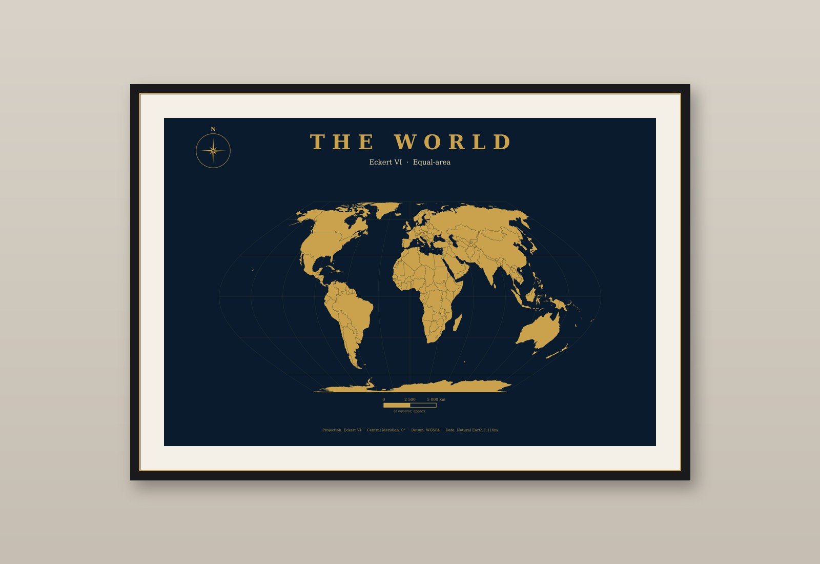 Eckert VI flächentreue Weltkarte Poster, Navy & Gold wissenschaftliches Wandbild