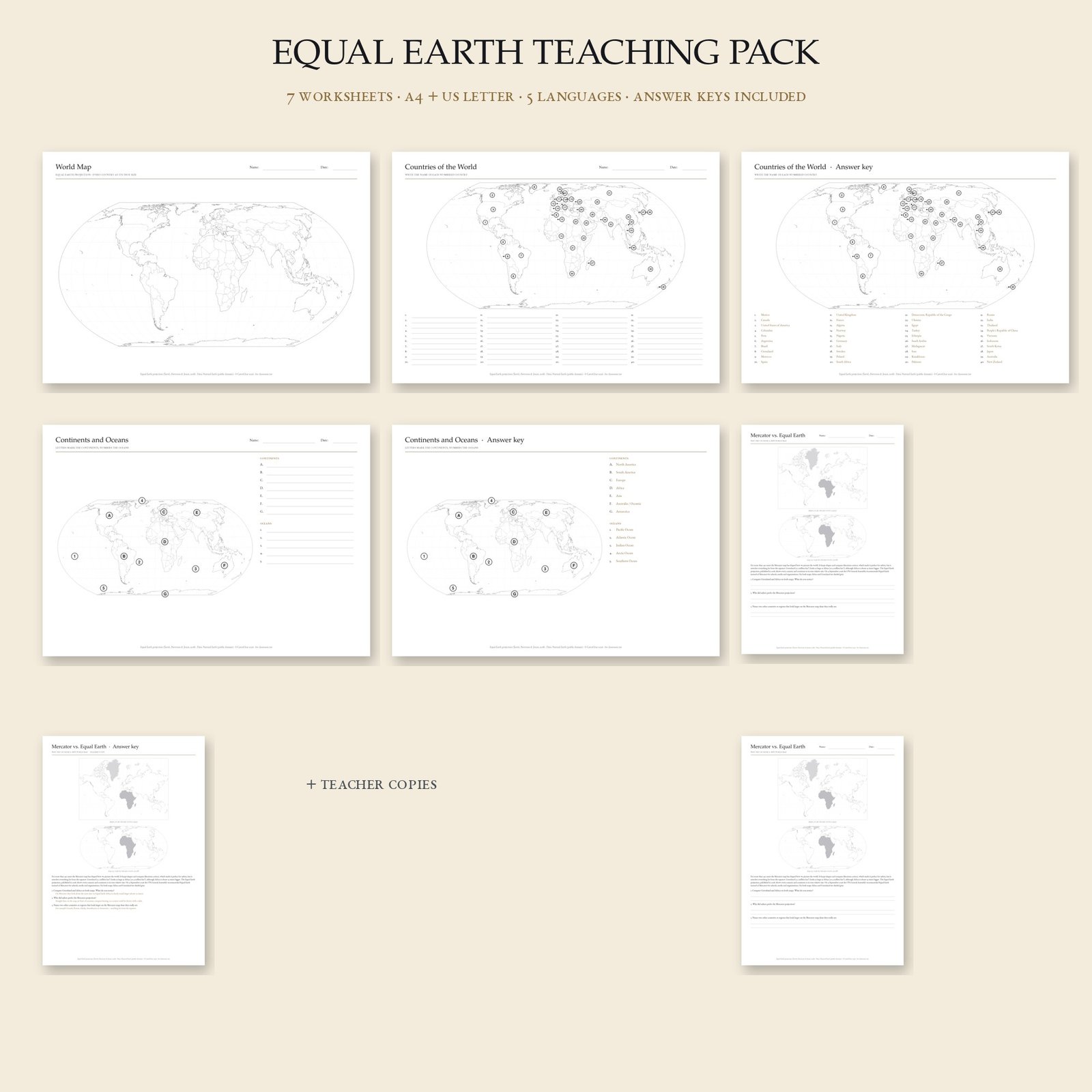 Equal Earth Geografie Arbeitsblätter, UN-Weltkarte 2026 Unterrichtspaket, stumme Karte