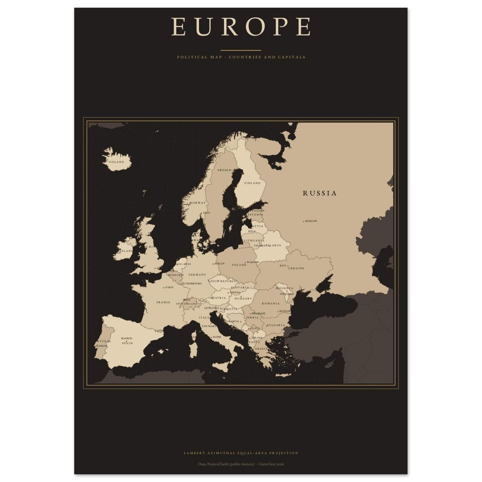 Europa Karte Dark Academia Poster gedruckt, Länder und Hauptstädte beschriftet