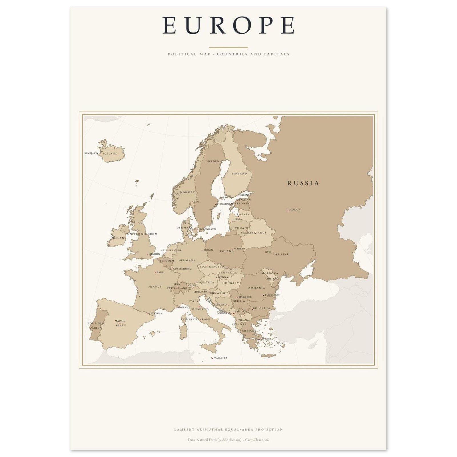 Europa Karte hell Poster gedruckt, Länder und Hauptstädte beschriftet, politische Karte