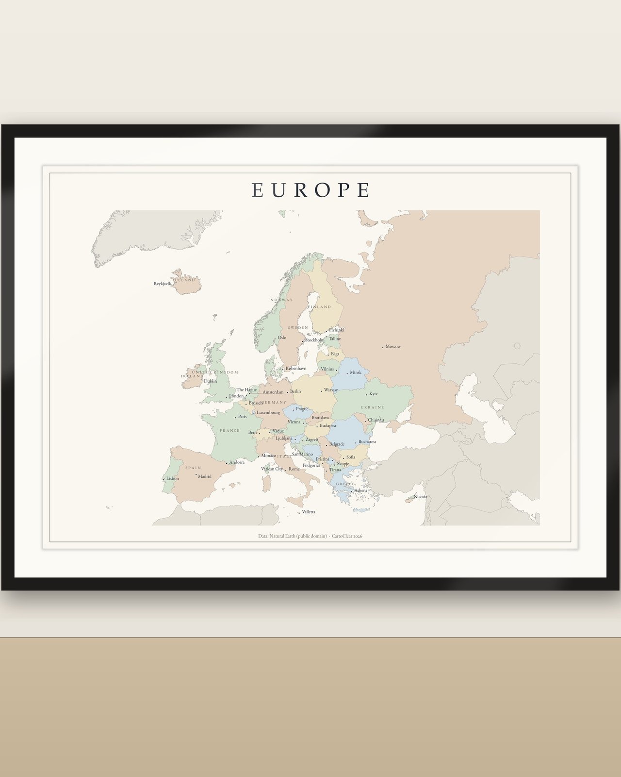 Europakarte mit Hauptstädten Poster, politische Europa-Wandkarte, Pastell Geografie Poster