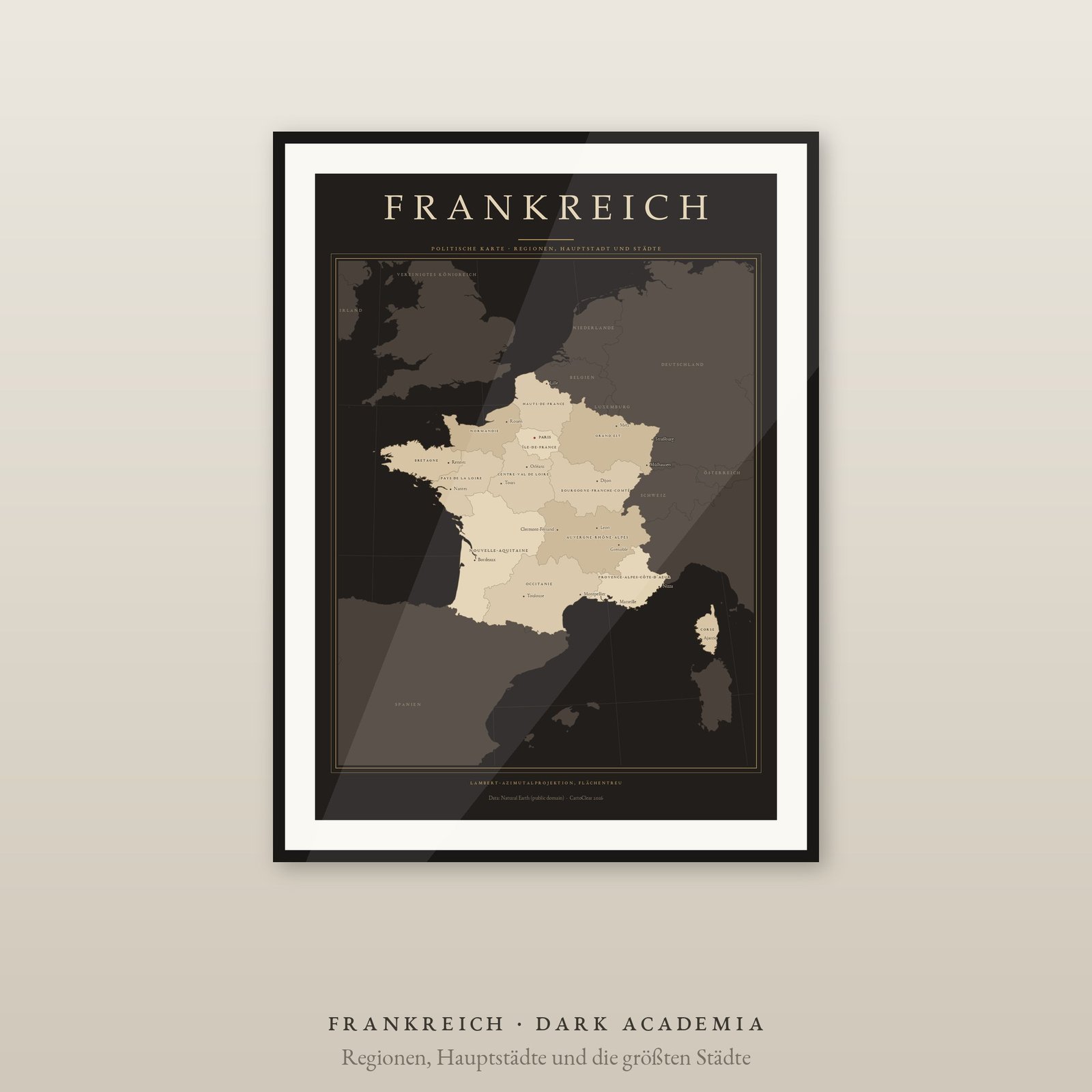 Frankreich Karte Poster, 13 Regionen und Städte beschriftet, 2 Ausgaben, flächentreu