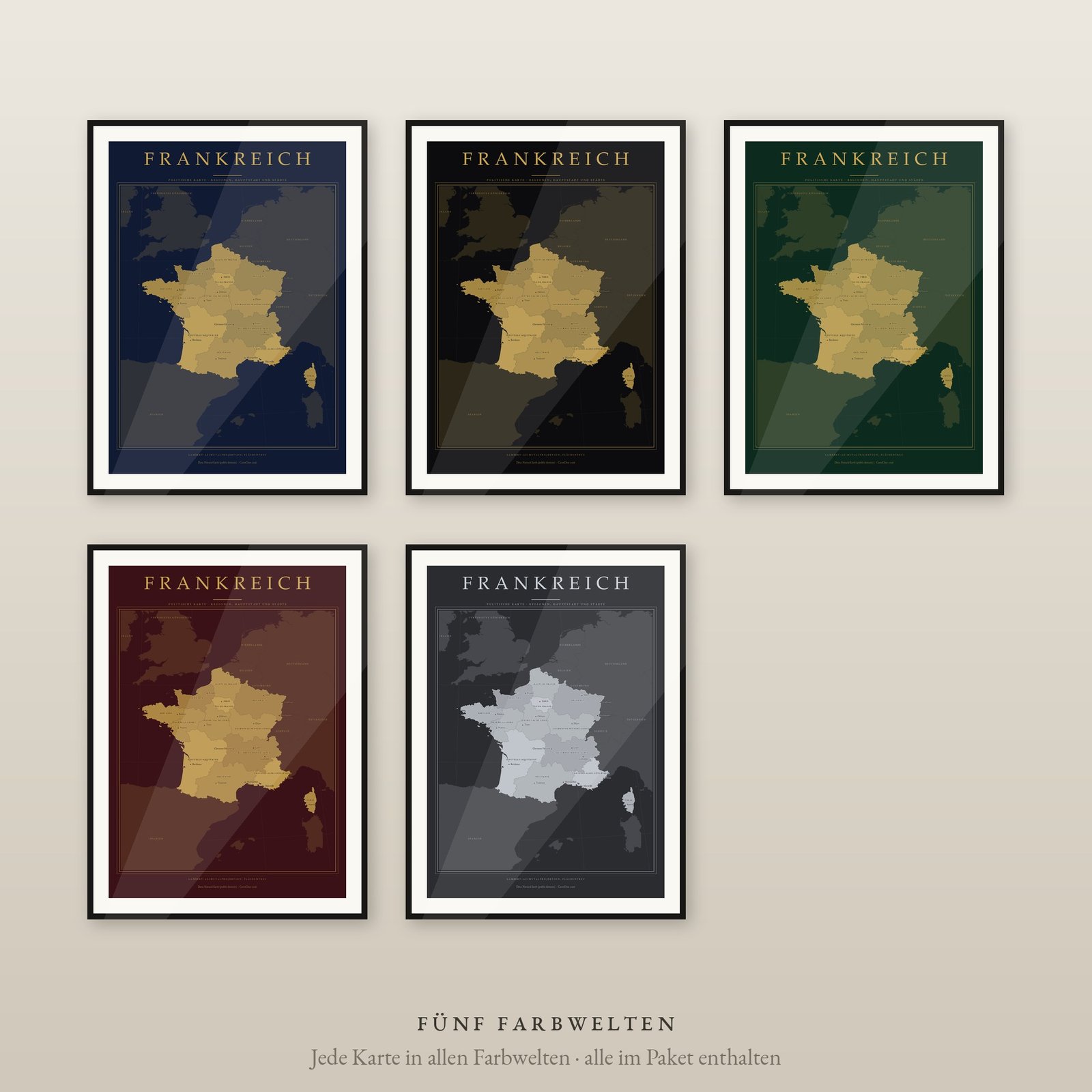 Frankreich Karte Poster Luxus-Set, 5 Farbwelten mit Gold, 13 Regionen und Städte