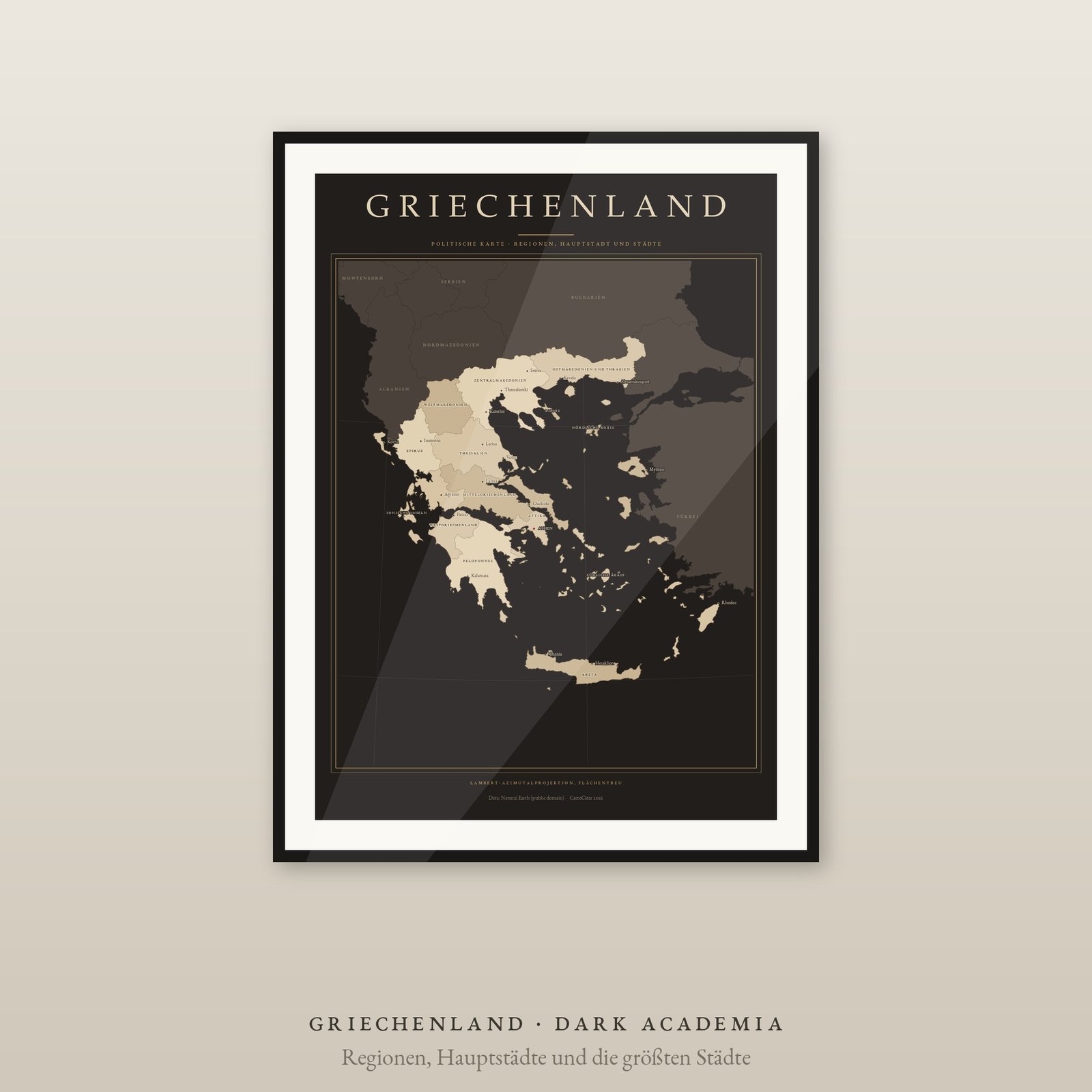 Griechenland Karte Poster, Regionen und Städte beschriftet, 2 Ausgaben, flächentreu