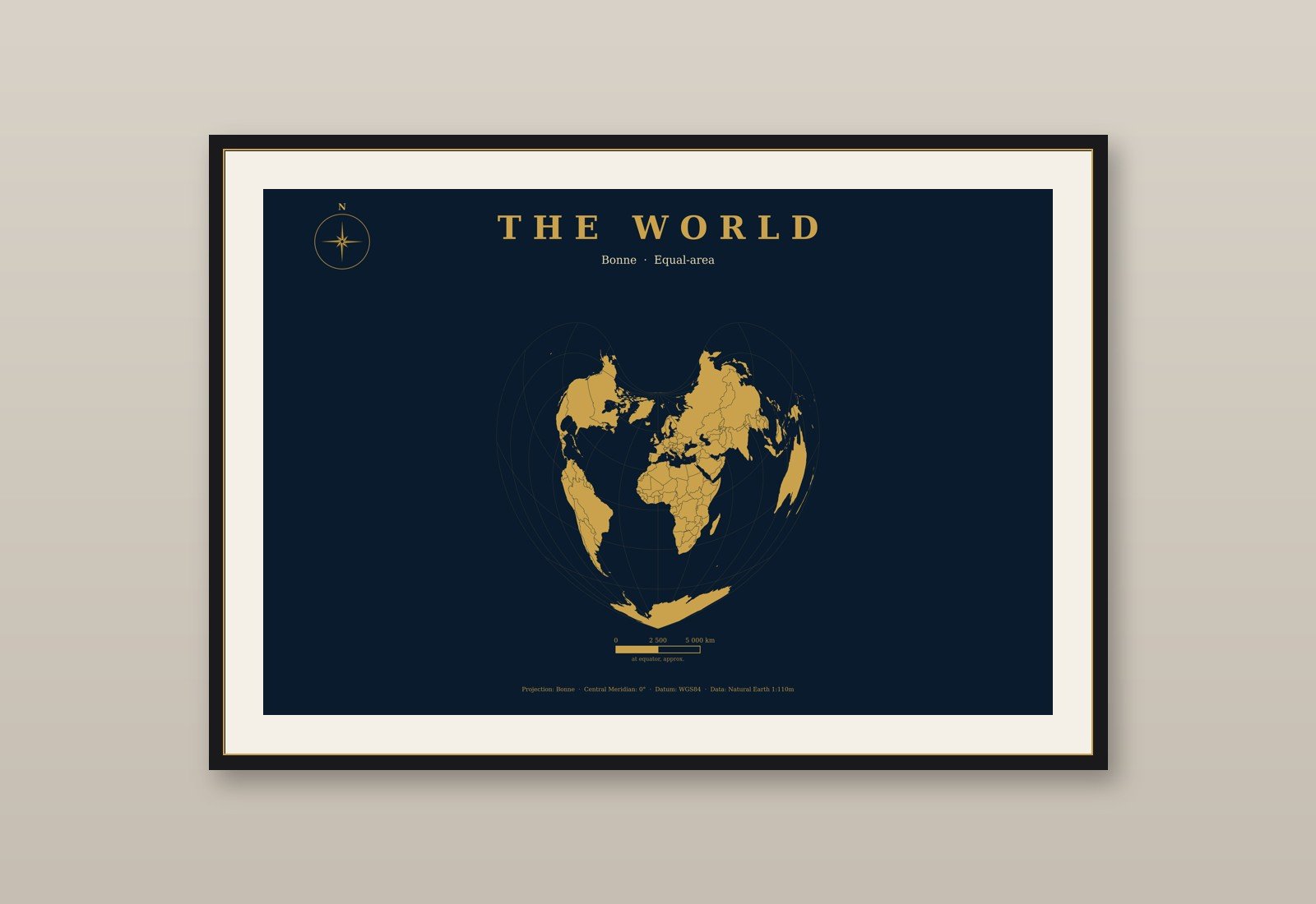 Herz-Weltkarte mit Kompass Poster, Bonne-Projektion Navy & Gold Wandbild