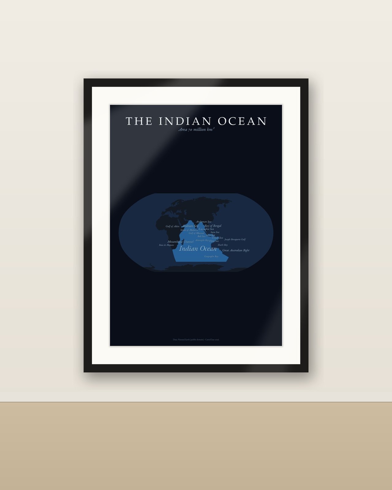 Indischer Ozean Karte Poster, Ozean-Portrait mit benannten Meeren