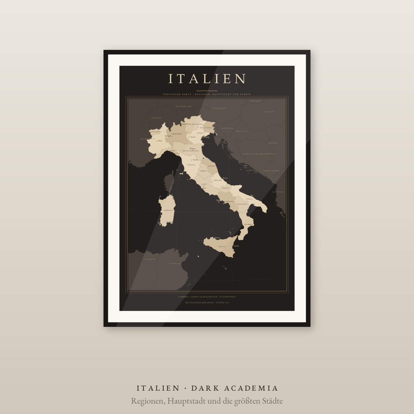 Italien Karte Poster, 20 Regionen und Städte beschriftet, 2 Ausgaben, flächentreu