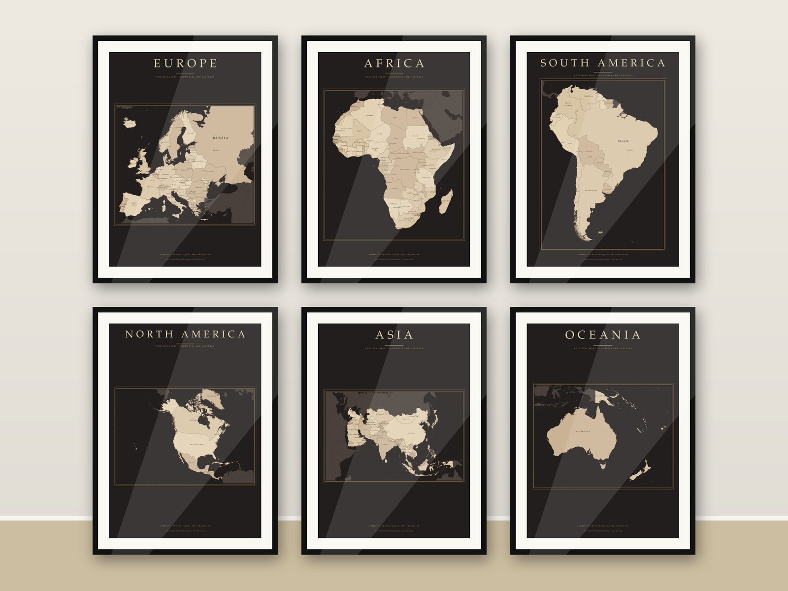 Kontinentkarten Set Dark Academia, 6 Poster: Europa, Afrika, Asien, Amerika, Ozeanien