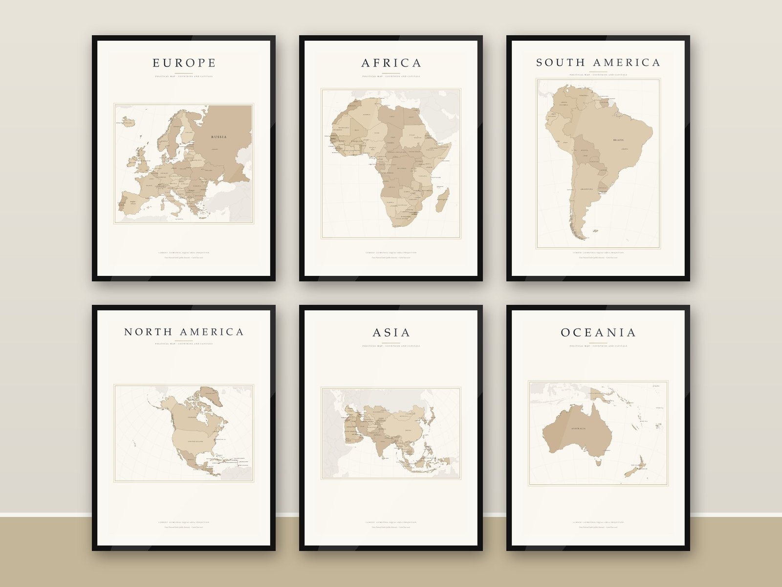 Kontinentkarten Set hell, 6 Poster: Europa, Afrika, Asien, Amerika, Ozeanien