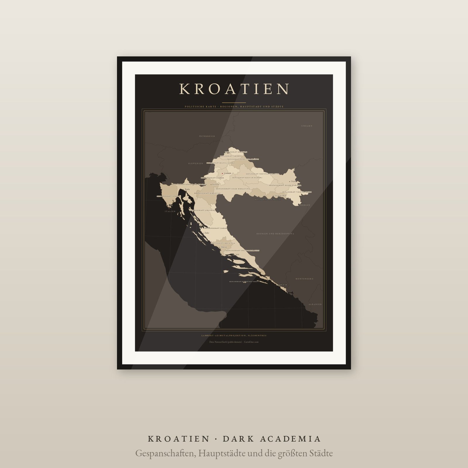 Kroatien Karte Poster, Gespanschaften und Städte beschriftet, 2 Ausgaben, flächentreu