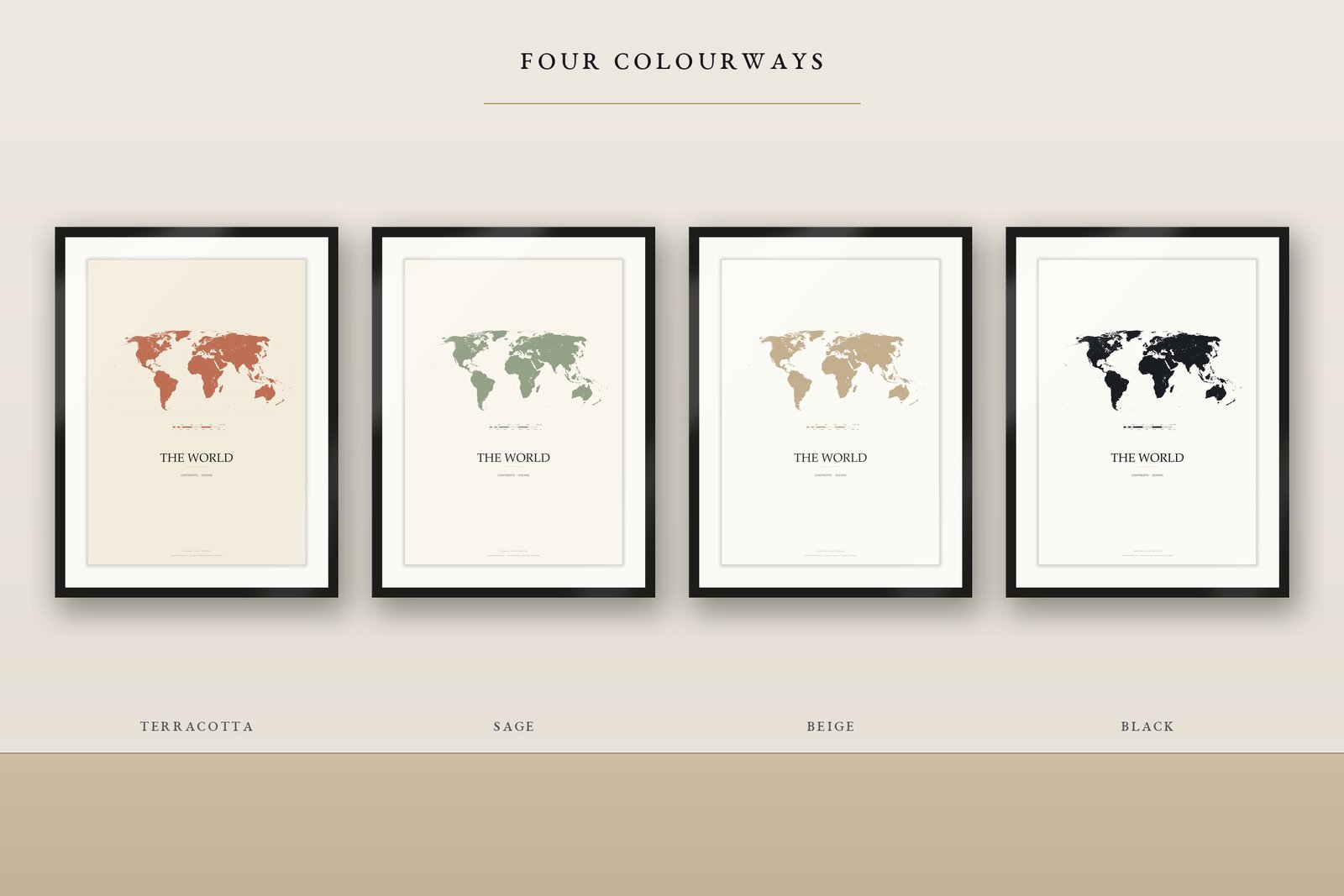 Minimalistische Weltkarte zum Drucken, 4 Farben 5 Sprachen