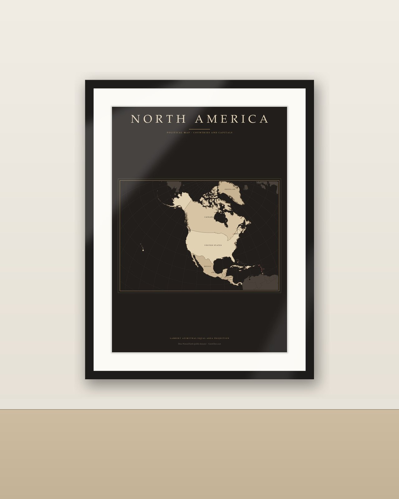 Nordamerika Karte Dark Academia Poster, Länder und Hauptstädte beschriftet, Vintage-Optik