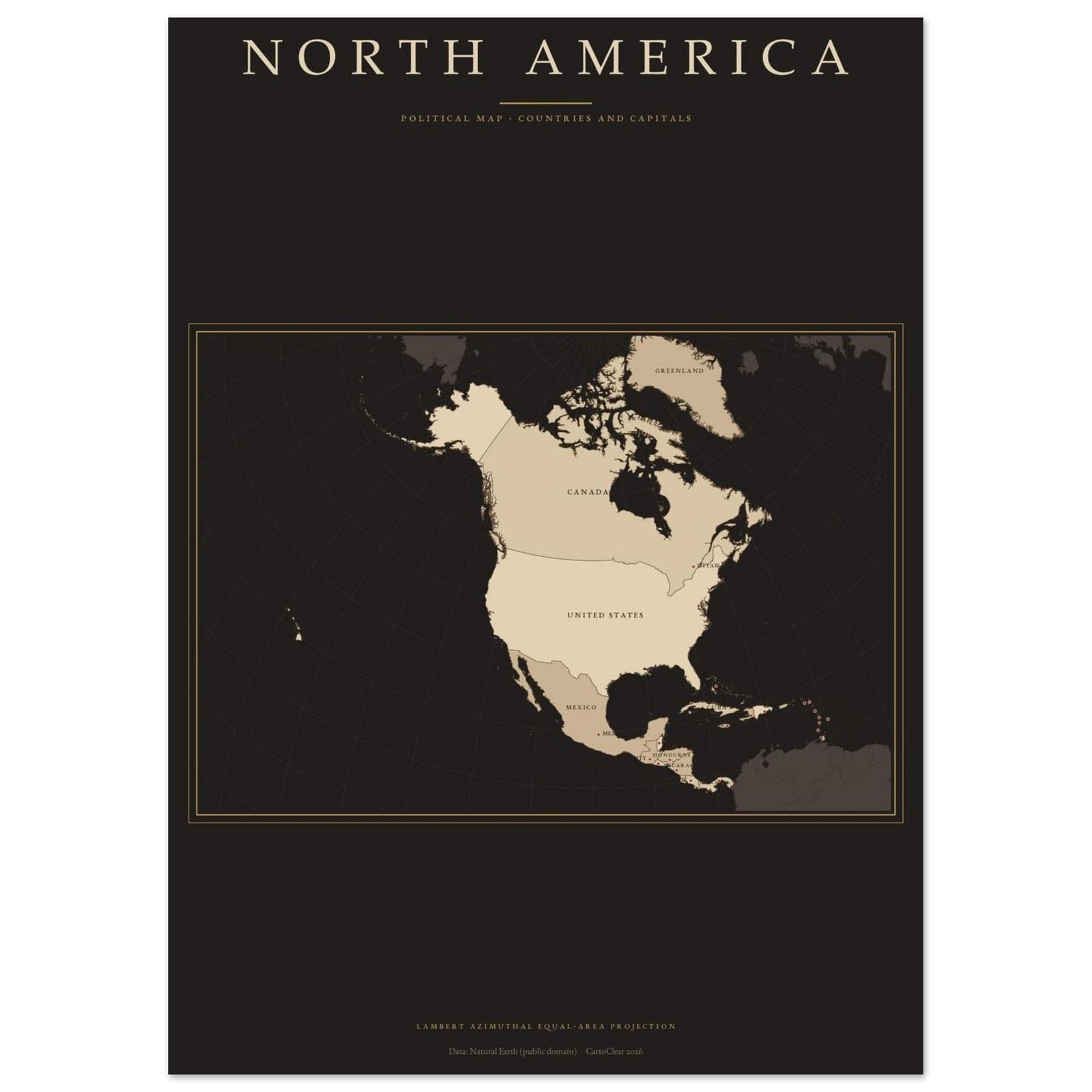 Nordamerika Karte Dark Academia Poster gedruckt, Länder und Hauptstädte beschriftet