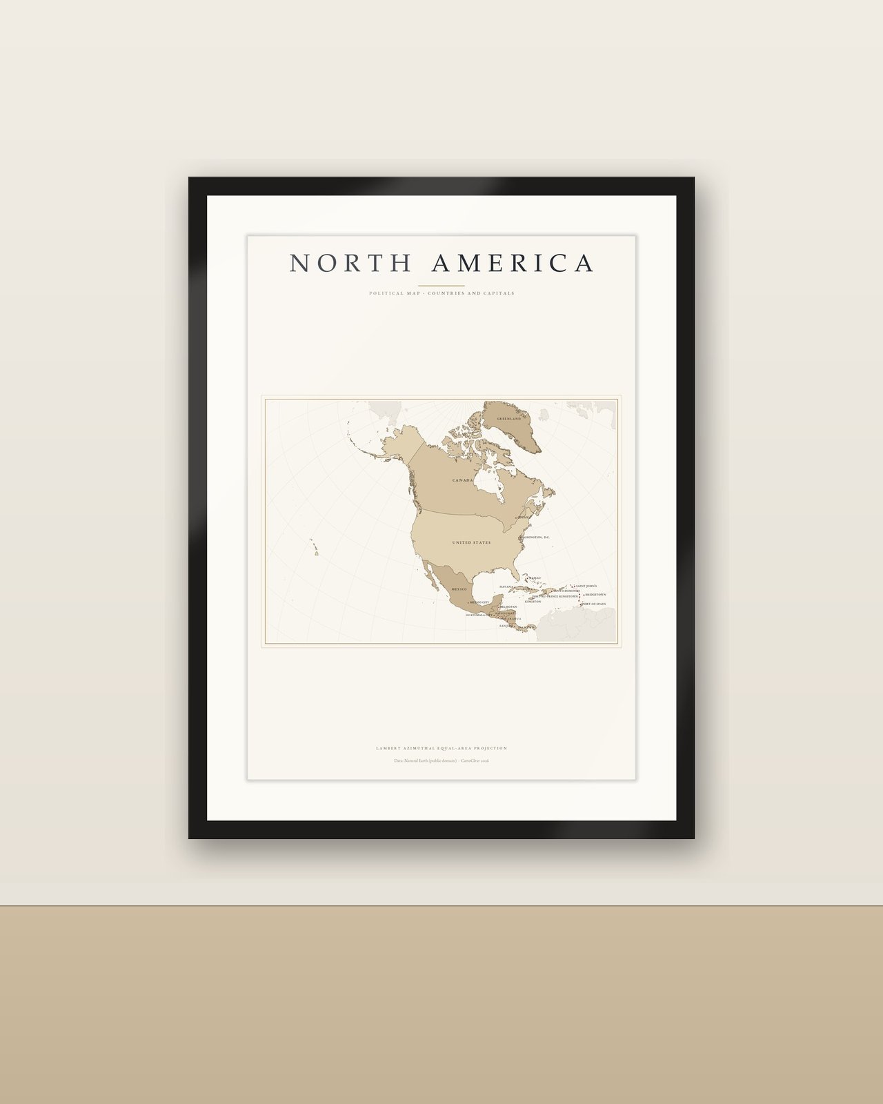 Nordamerika Karte Poster hell, Länder und Hauptstädte beschriftet, politische Karte