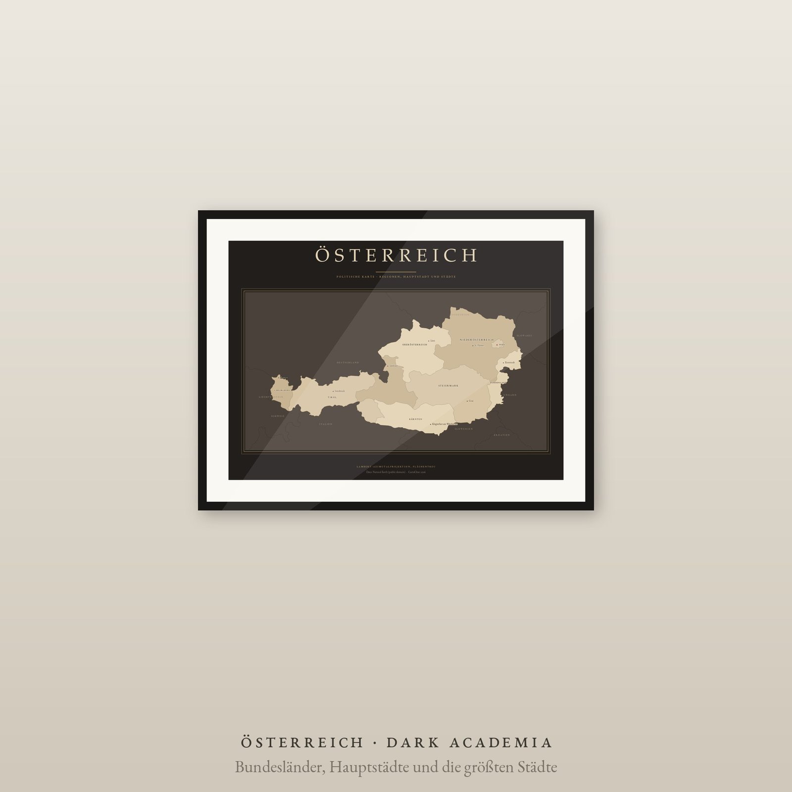 Österreich Karte Poster, 9 Bundesländer und Städte beschriftet, 2 Ausgaben, flächentreu