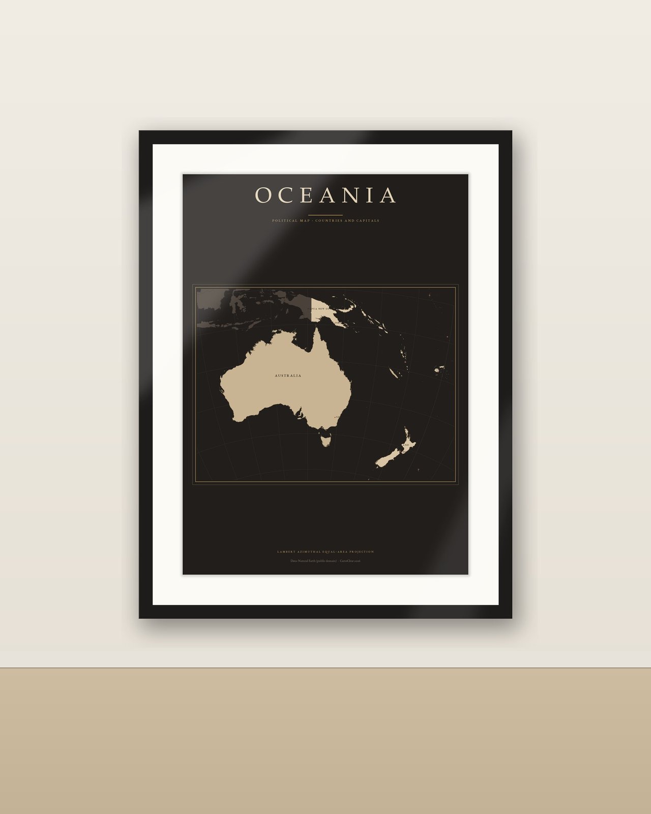 Ozeanien Karte Dark Academia Poster, Länder und Hauptstädte beschriftet, Vintage-Optik