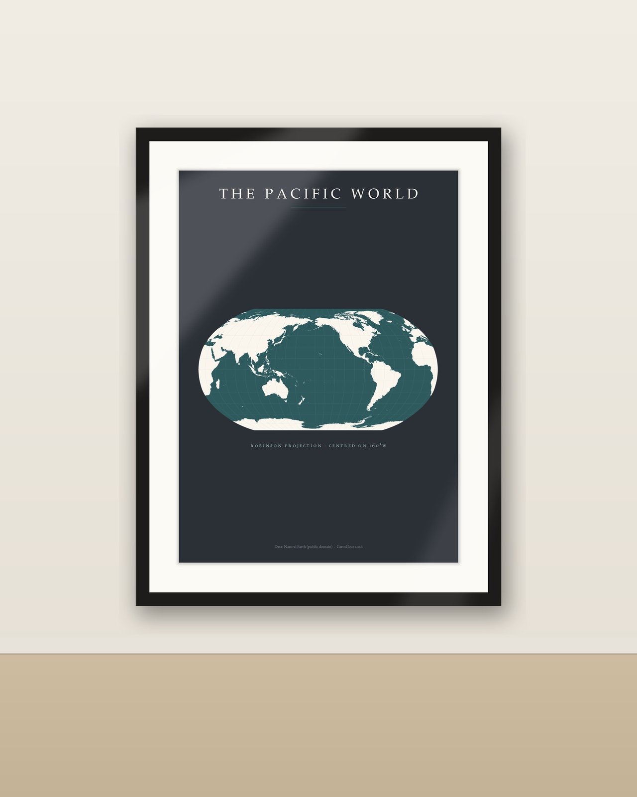 Pazifik-zentrierte Weltkarte Poster, Robinson-Projektion, Anthrazit & Petrol Wandbild