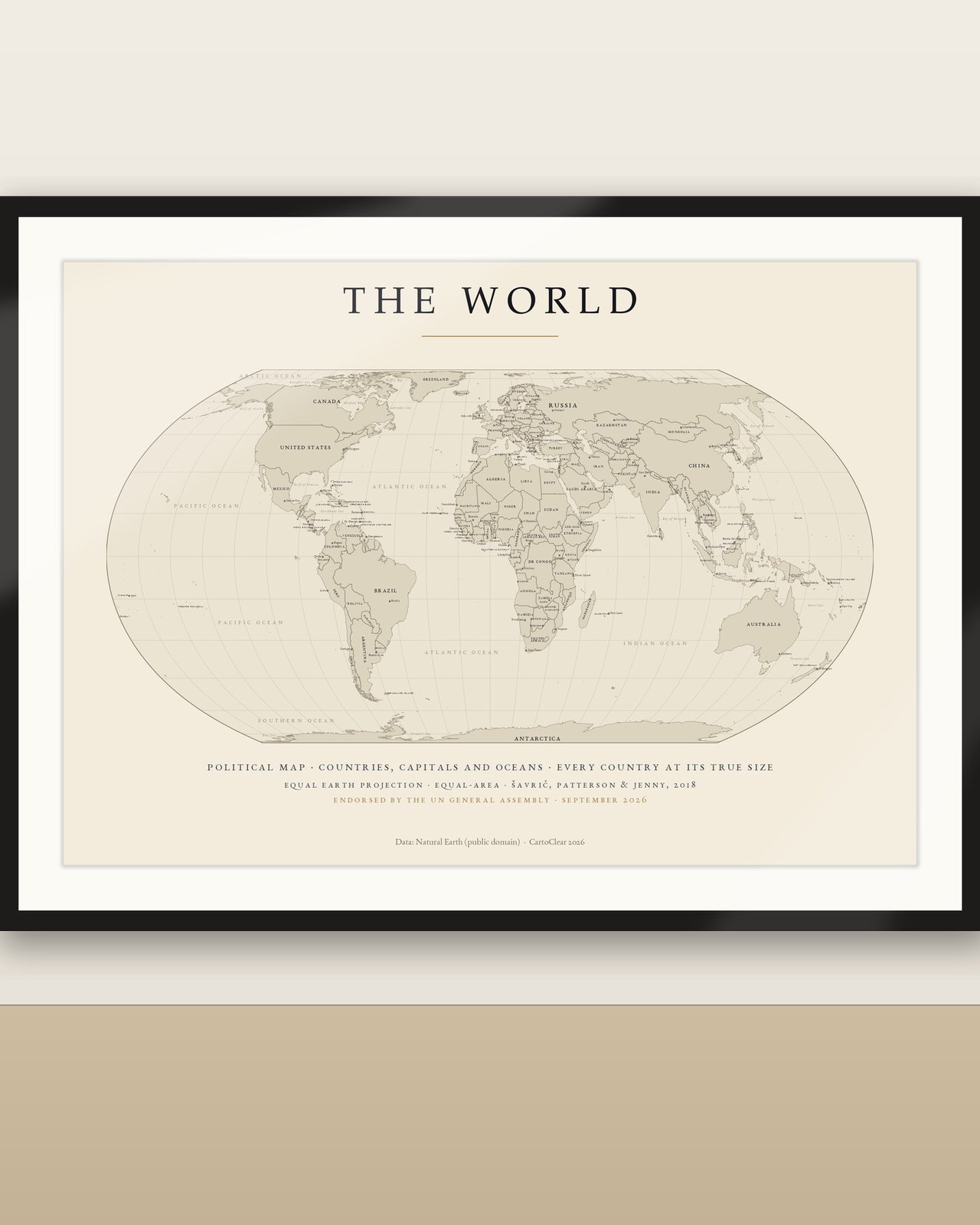 Politische Weltkarte mit Ländern und Hauptstädten, Equal-Earth-Projektion