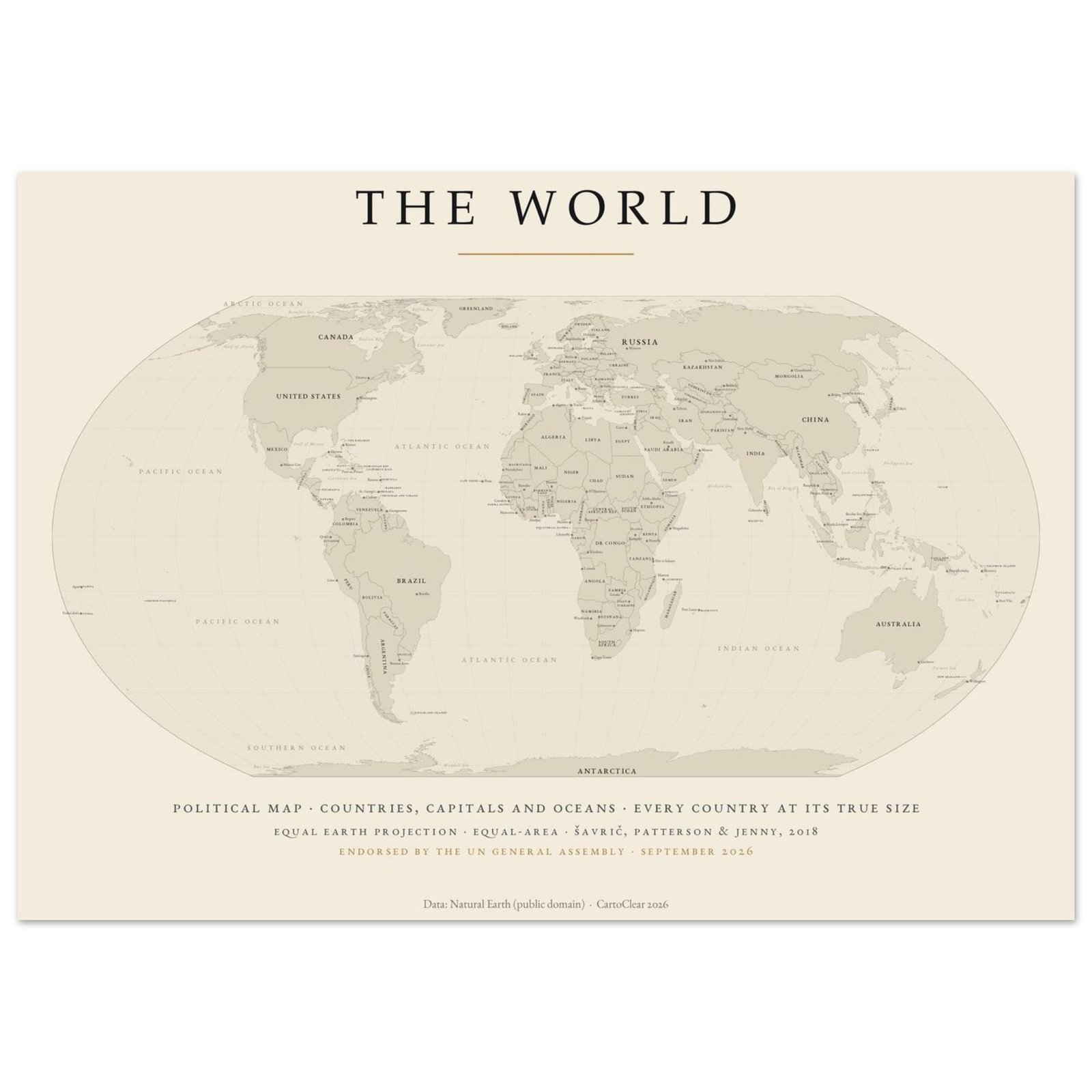 Politische Weltkarte Poster gedruckt, Länder und Hauptstädte, Equal-Earth-Projektion