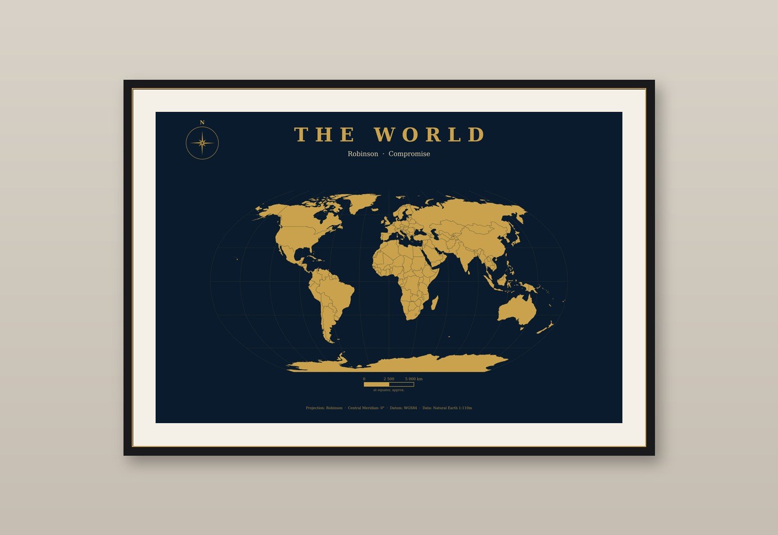 Robinson-Projektion Weltkarte Poster, Navy & Gold Wandbild