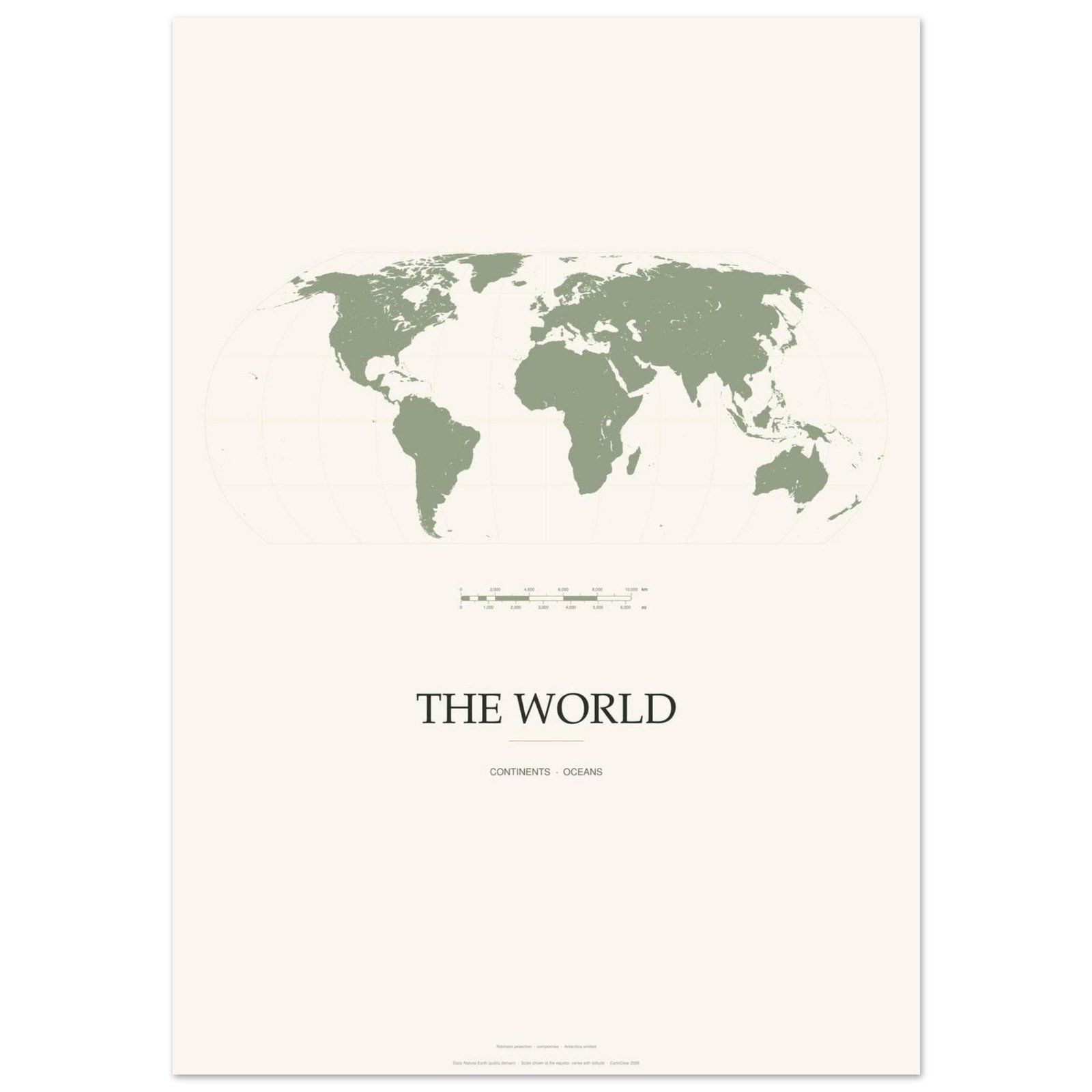 Salbeigrün Weltkarte Poster, minimalistischer Kartendruck, Robinson-Projektion