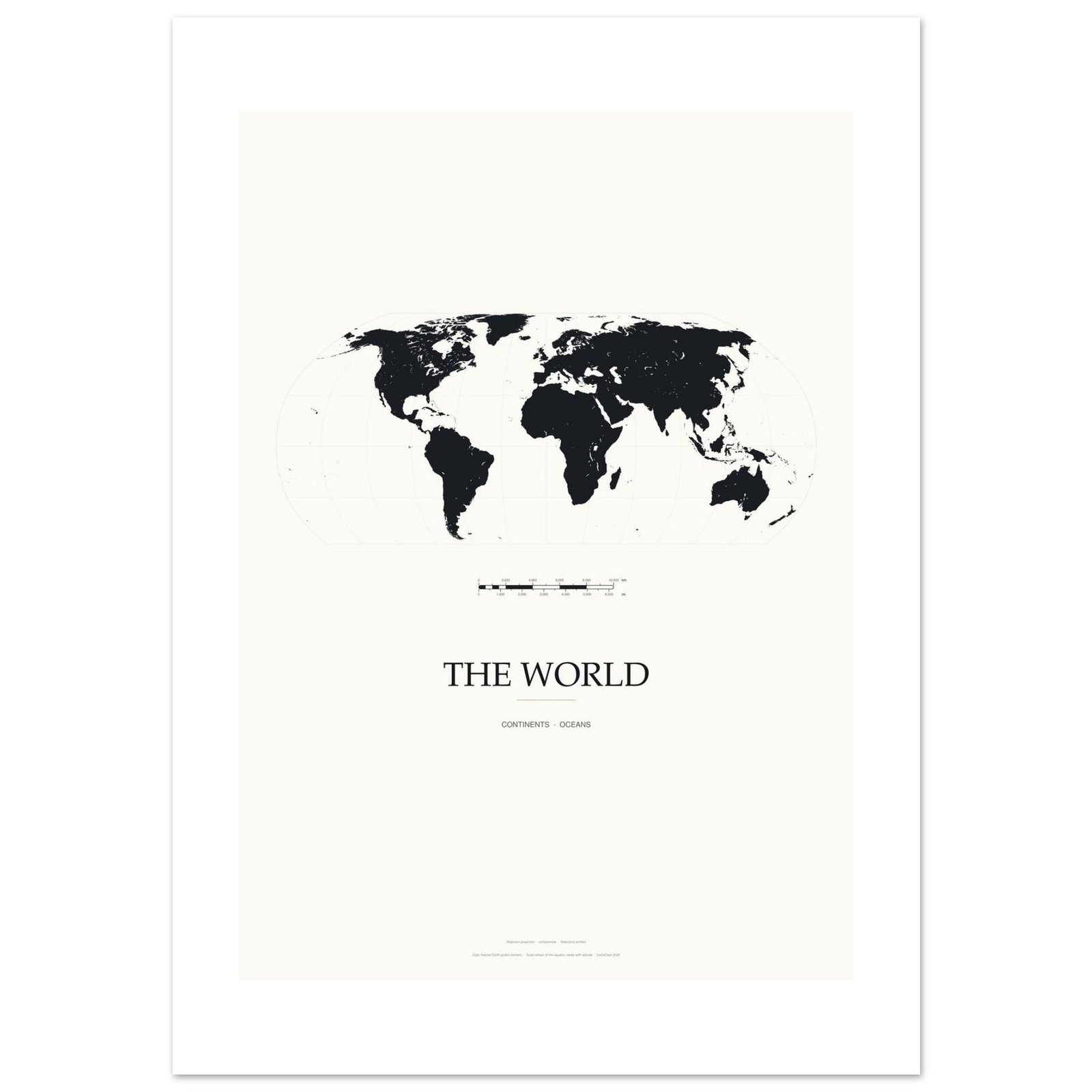 Schwarze Weltkarte Poster, minimalistischer Kartendruck, Robinson-Projektion