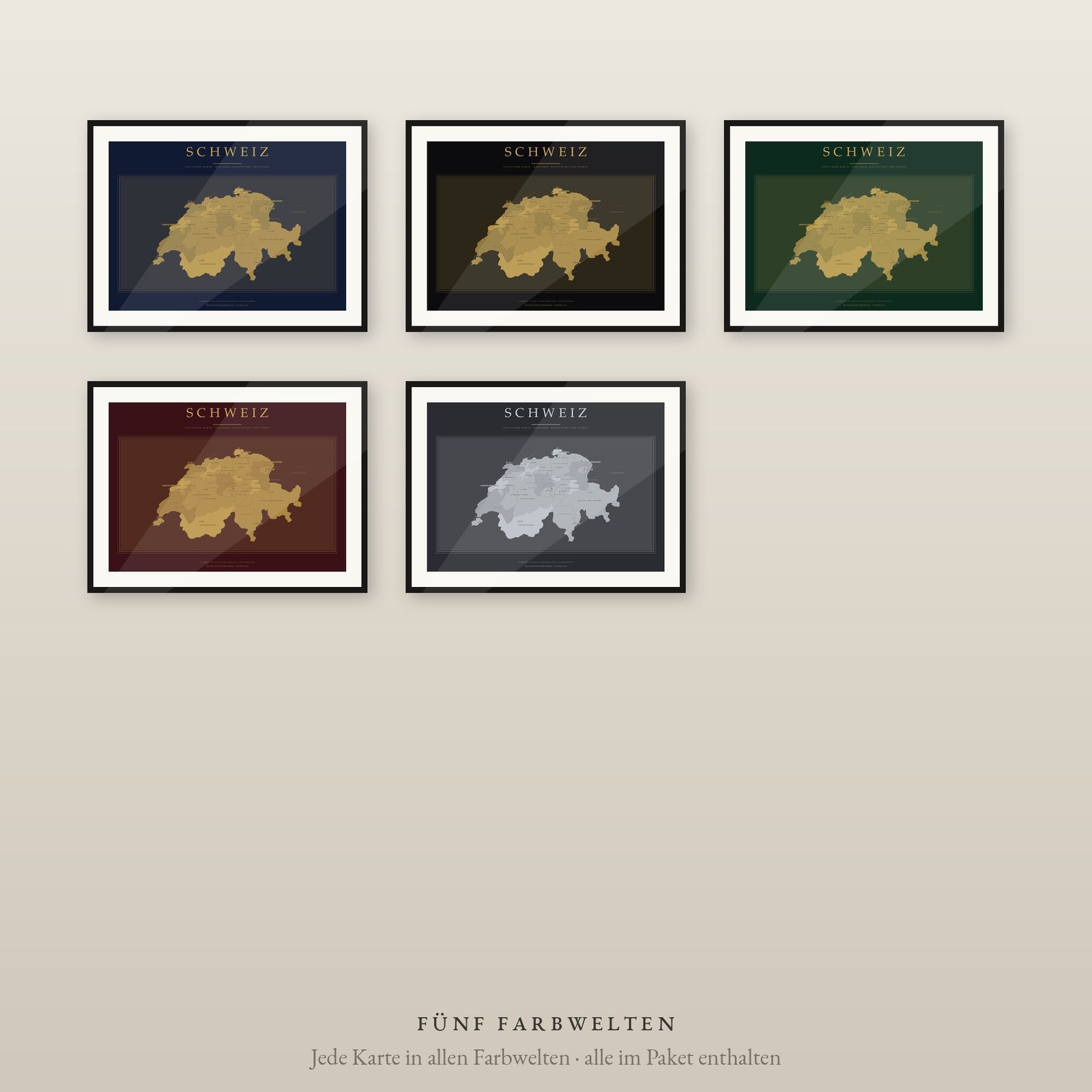 Schweiz Karte Poster Luxus-Set, 5 Farbwelten mit Gold, 26 Kantone und Städte, flächentreu