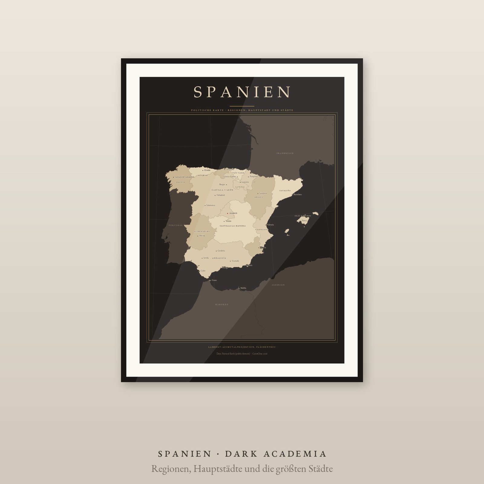 Spanien Karte Poster, 17 Regionen und Städte beschriftet, 2 Ausgaben, flächentreu