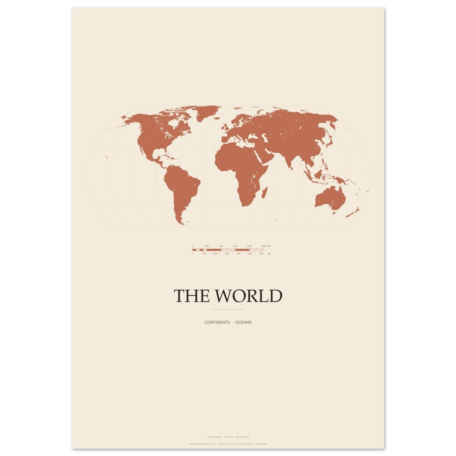 Terrakotta Weltkarte Poster, minimalistischer Kartendruck, Robinson-Projektion