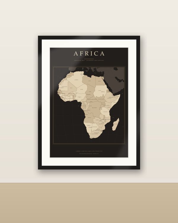 Afrika Karte Dark Academia Poster, Länder und Hauptstädte beschriftet, Vintage-Optik