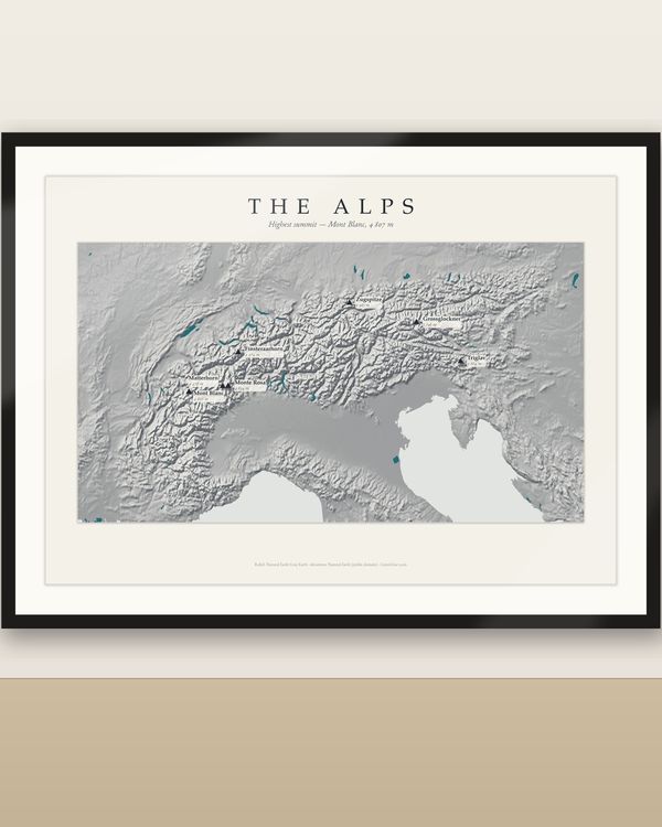 Alpen Reliefkarte Poster, Gebirgs-Wandbild mit benannten Gipfeln, Mont Blanc bis Triglav