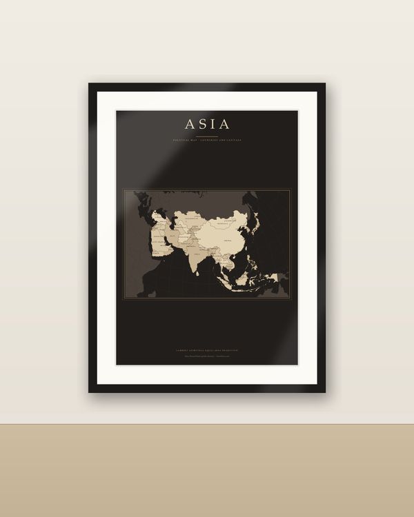 Asien Karte Dark Academia Poster, Länder und Hauptstädte beschriftet, Vintage-Optik