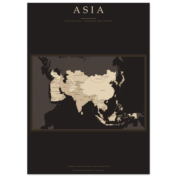 Asien Karte Dark Academia Poster gedruckt, Länder und Hauptstädte beschriftet